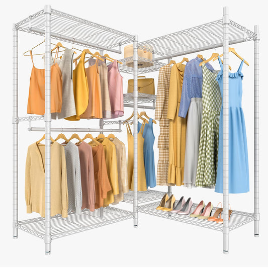 VIPEK L6 Heavy Duty Clothes Rack L Shape Clothing Rack 5-Tier Wire Garment Rack Freestanding Closet with 7 Adjustable Shelves & 4 Hanging Rods, 42.1" L x 42.1" W x 76.4" H, Max Load 850LBS, White