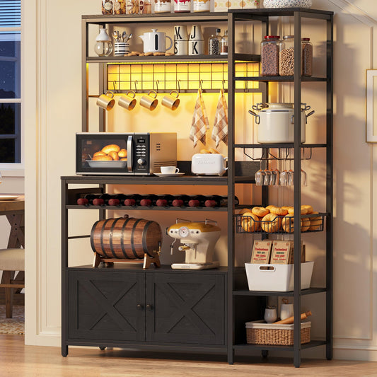 IRONCK Bakers Rack with Power Outlet, Kitchen Microwave Stand with Storage Cabinet, 47.24 Inch Coffee Bar Cabinet, Kitchen Racks with Shelves, LED Light, Globlet Holder and Wine Basket, Black