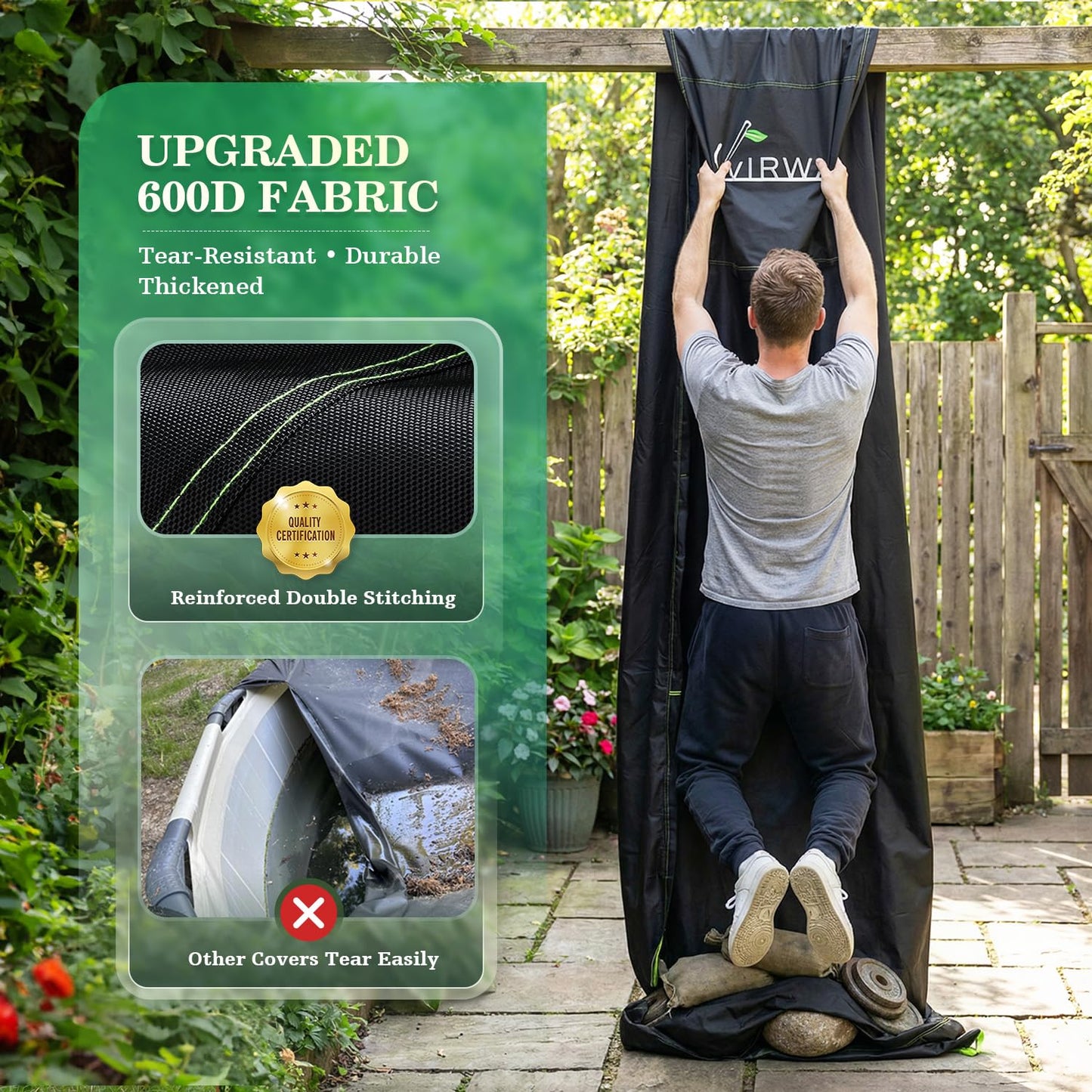 Uirway 600D Upgraded 18ft Pool Cover Round for Above Ground Pool, Tear Resistant Heavy Duty Fabric with Windproof Ratchet Locking & Reflective Drawstring, Weatherproof UV Protection, Anti-Slip Straps