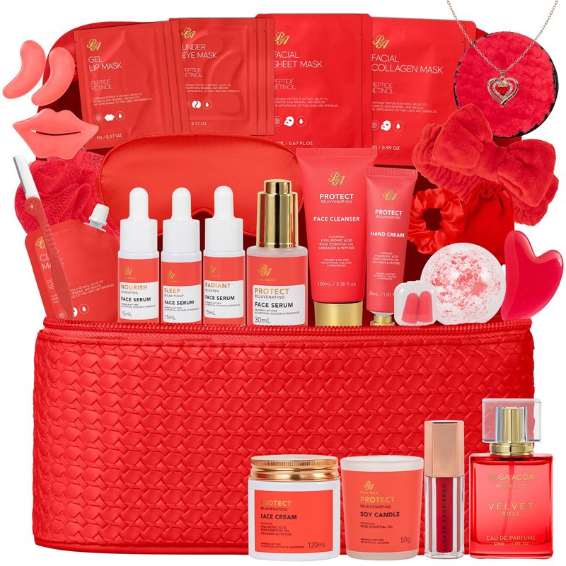 33 Pcs Mother's Day Gifts, Red Rose Bath & Body Gift Set for Women, Home Spa Kit, Hydrating Skin Care Set, Self Care Gift Basket, Cosmetic Bag, Necklace, Valentines, Birthday, Anniversary