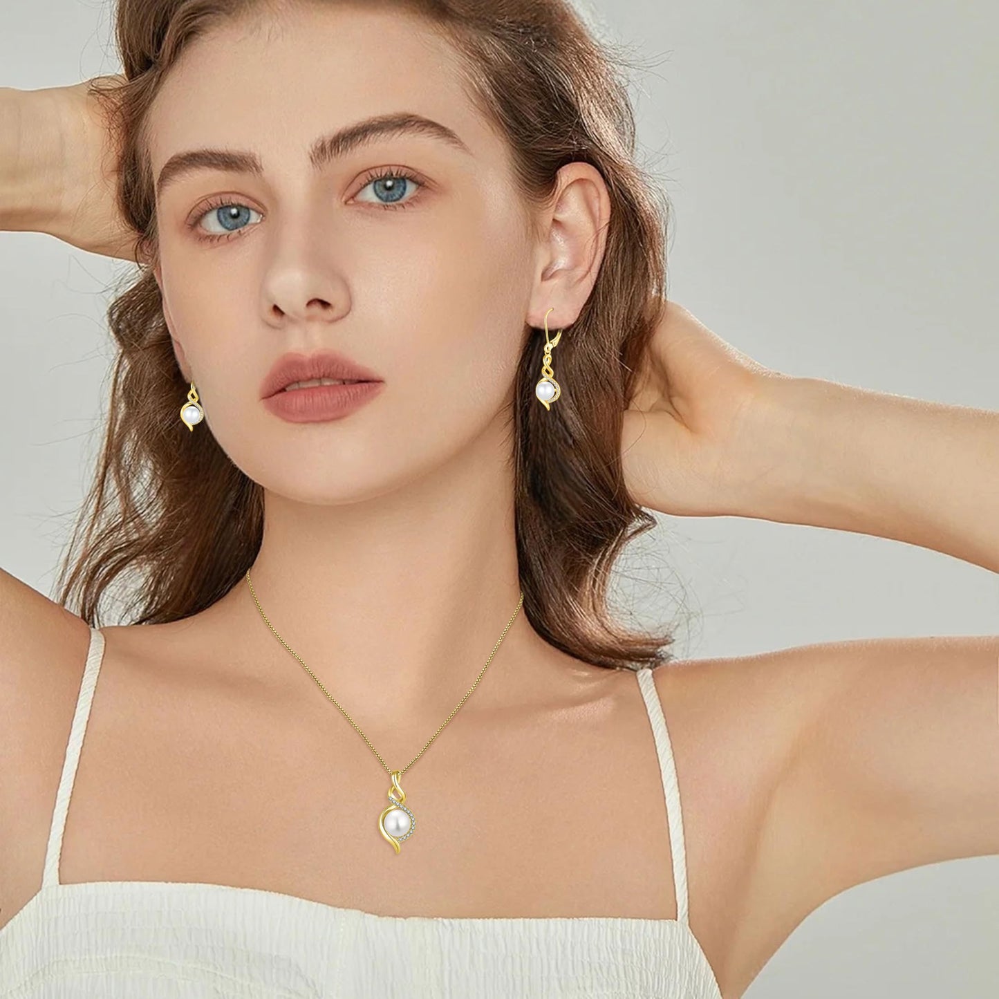 Rocayi Pearl 18K Yellow Gold Plated Infinity Earrings and Necklace Jewelry Set for Women