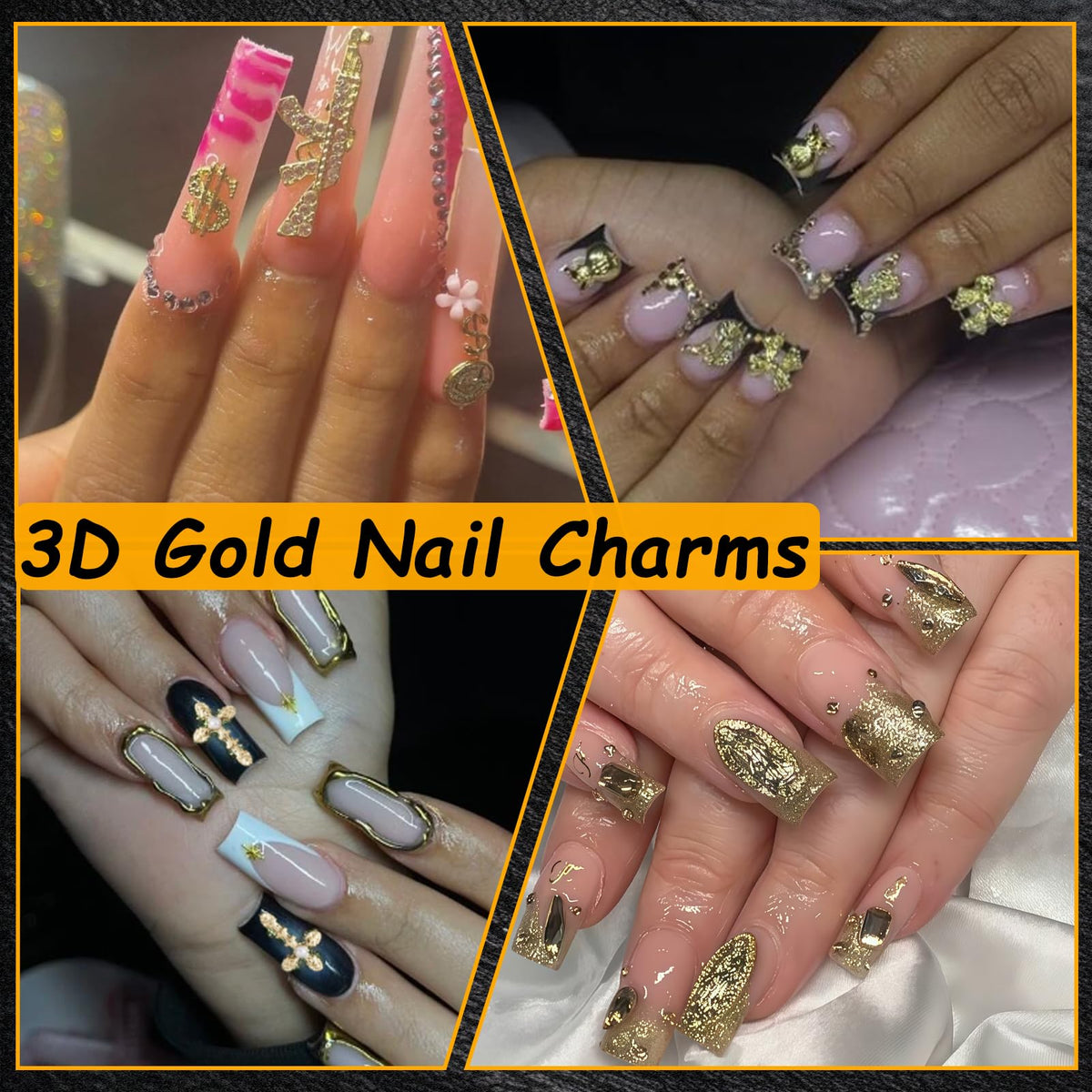ZUMILLMN 58PCS 3D Nail Charms - Gold Alloy Dollar, Gun, Virgin Mary,Cron & Cross Charms, Shiny Nail Rhinestones for Nail Art, Manicure, DIY Jewelry Making