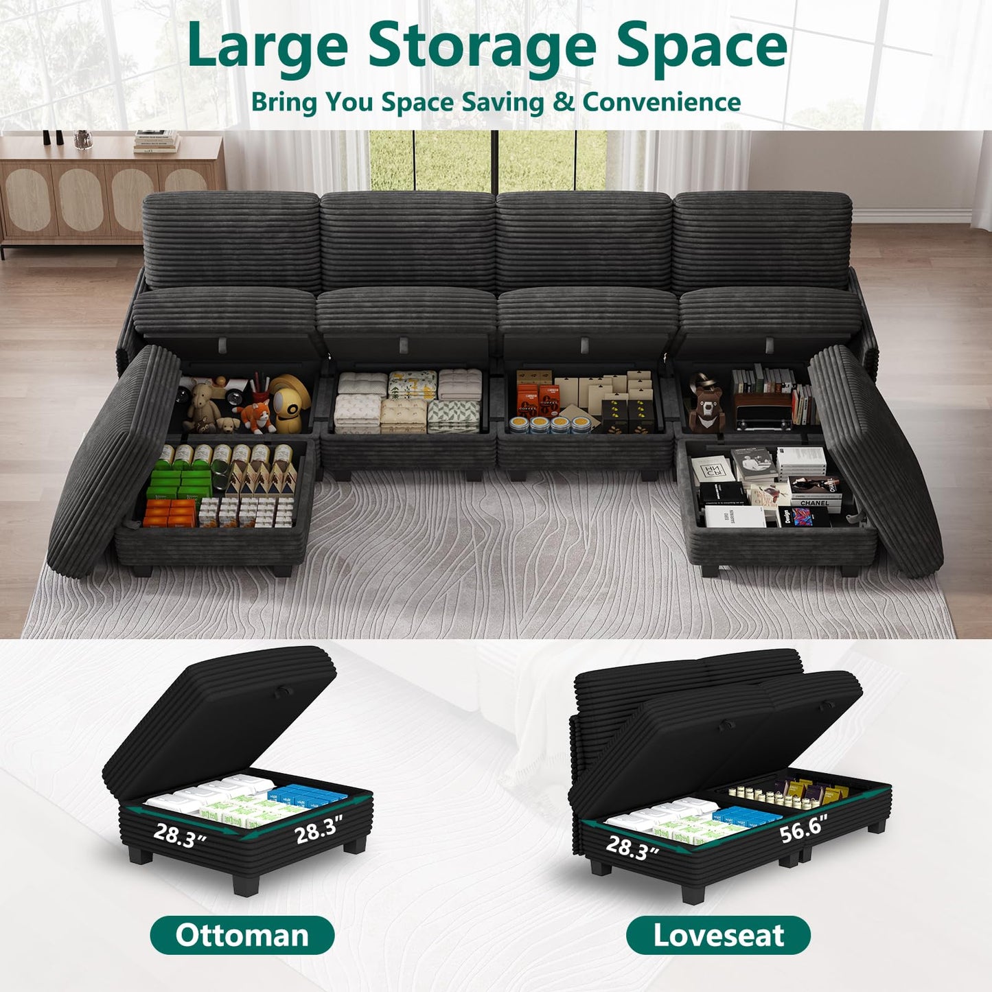 OhaiAura Modular Sectional Sofa with Adjustable Backrest, Convertible L/U-Shaped Sleeper Couch for Living Room, Cloud Sofa Bed Modern Reversible Design, Black