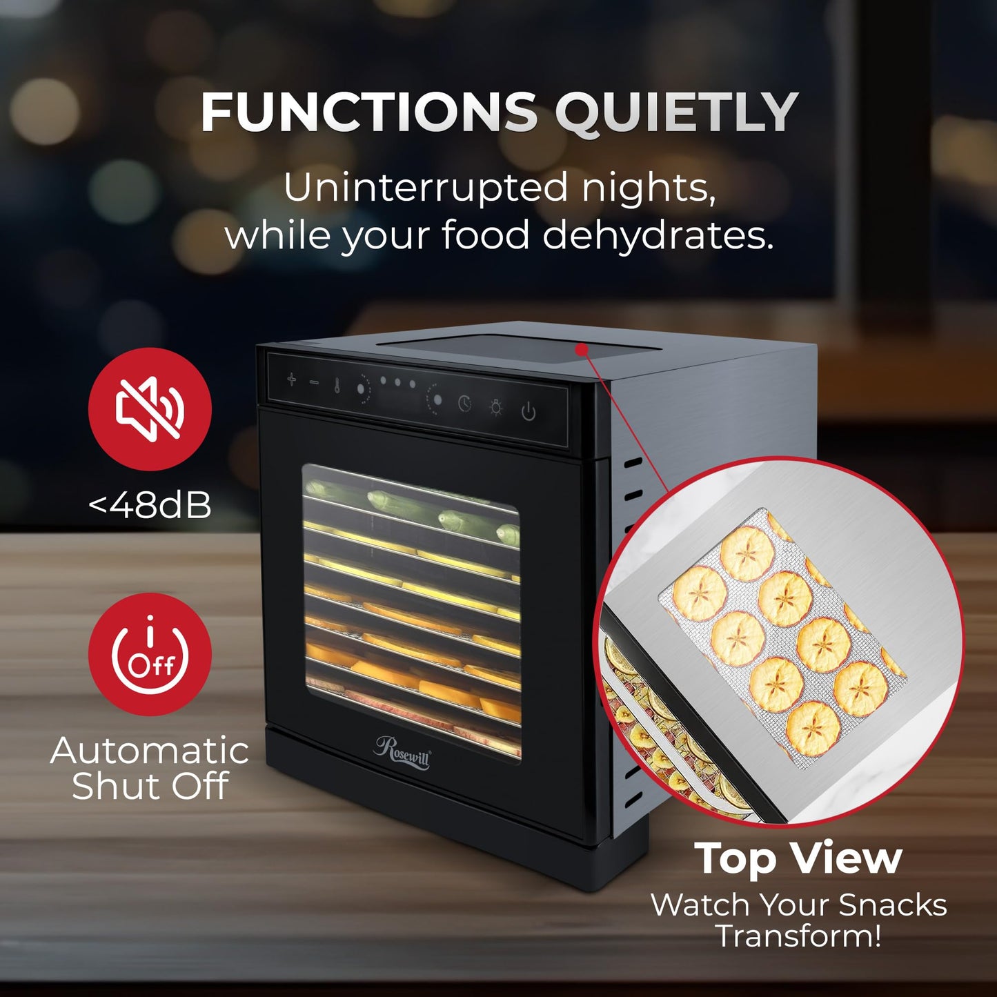 Rosewill Food Dehydrator | Powerful 400W Rear Fan Even-Drying System | 8 Full-Size Stainless Steel Trays | 95°-195° Temperature Control, 48H Timer, Keep Warm + Auto Shutoff | Jerky, Herbs, Meat
