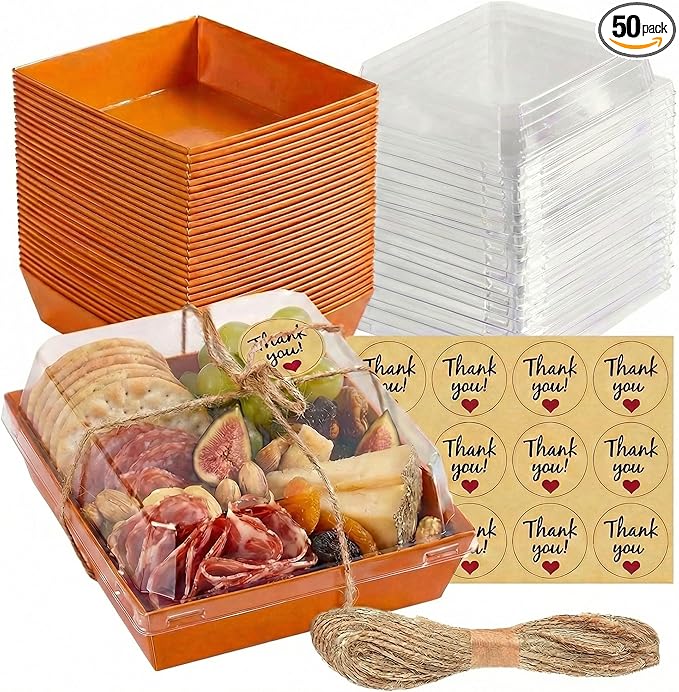 Leafiew 50 Pack Small Charcuterie Boxes with Clear Lids - To Go Paper Mini Charcuterie Box, Disposable Food Containers, 5Inch Dessert Boxes - Sandwich, Cookie, Sushi, Cake Slice, Strawberries (Orange)