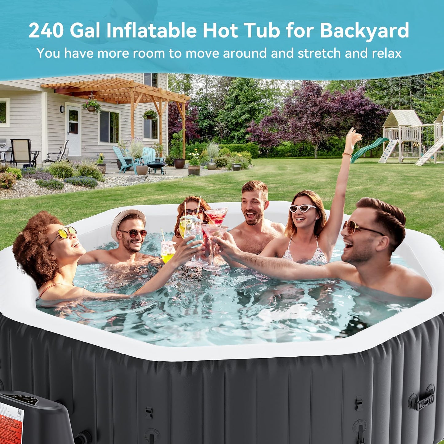 Inflatable Hot Tub, 4-6 Person Large Polygon Portable Blow Up Hot Tub, Leak-Proof PVC Outdoor Spa with 130 Air Jets, Heater Pump and Insulated Cover, 77” X 25”