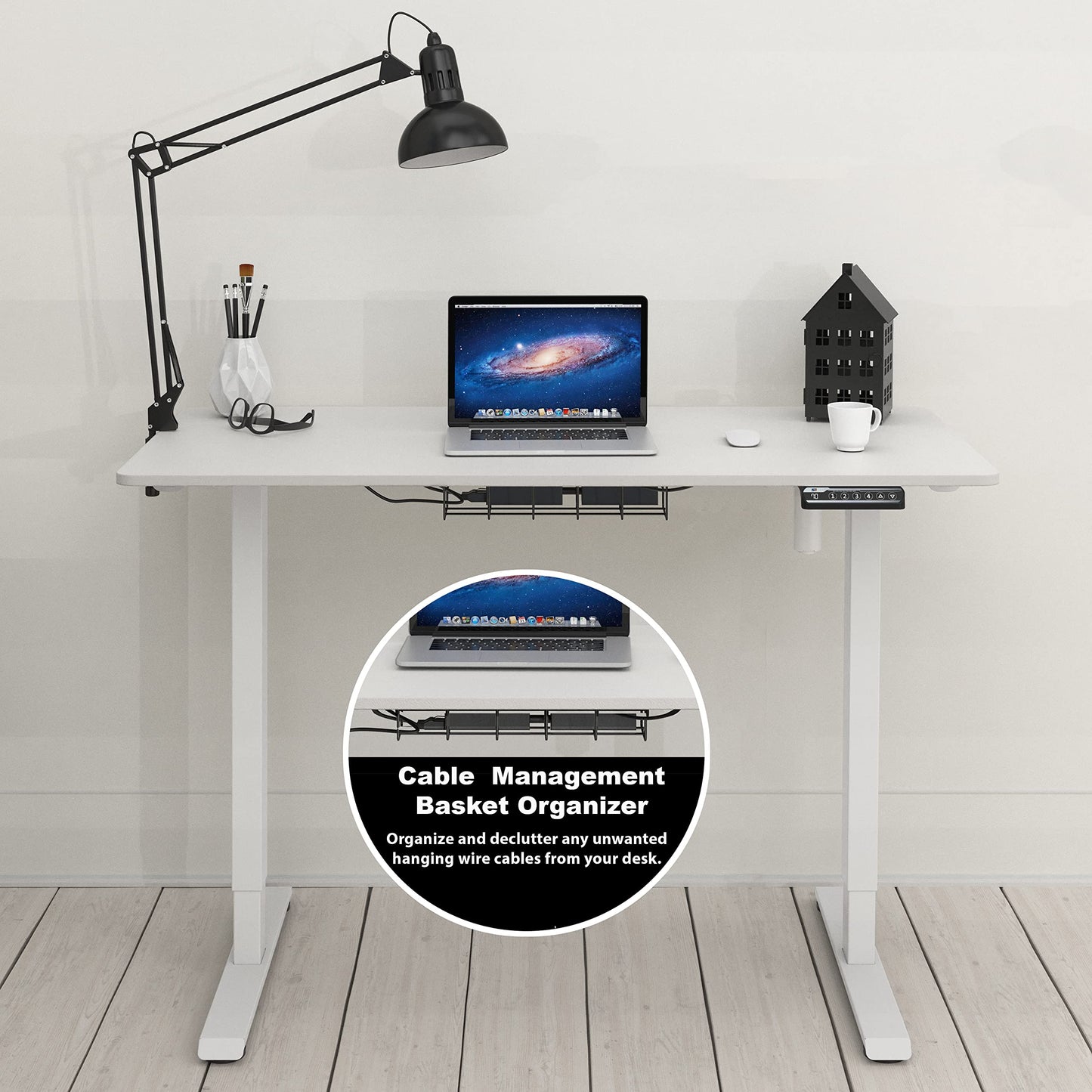 SHW 48-Inch Electric Height Adjustable Sit to Stand Desk with Hanging Hooks and Cable Management, White Frame and White Top