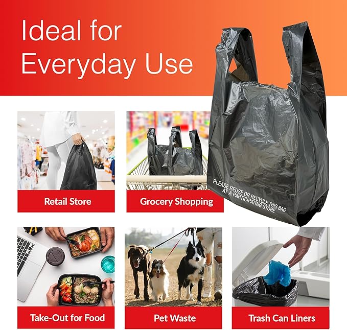 Reli. T-shirt Bags (300 Count) (Black) (11.5" x 6.5" x 21") - Black Plastic Bags (Plain) - Grocery, Shopping, Restaurants (Pack of 2)