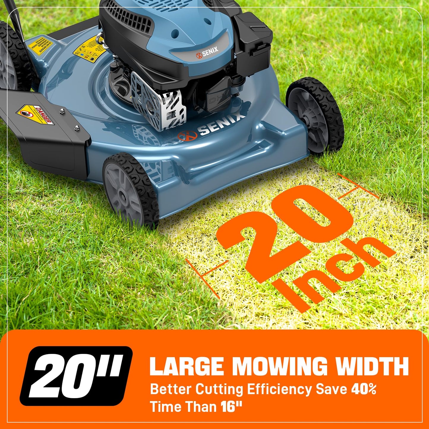 SENIX 20" Gas Lawn Mower, 144 cc Gas Powered Lawnmower, 4-Cycle Engine Walk-Behind Push Lawn Mowers, 3 Position Height Adjustment for Yard and Garden, cortadora de pasto