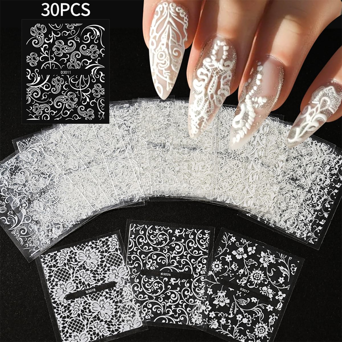 30 Sheets White Nail Art Stickers 3D Self Adhesive Lace Flower Nail Stickers Hallow Floral Nail Decals Spring Summer Nail Supplies for Women Nail Art Decoration Accessories