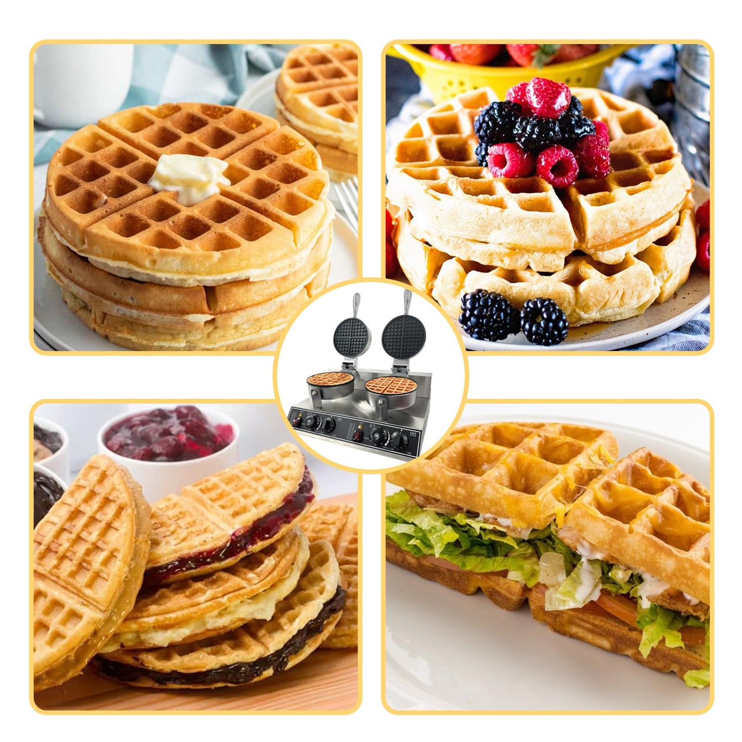 Commercial Waffle Maker Machine, 110V 2400 W Staninless Steel Waffle Iron, Double Head Nonstick Waffle Maker for Home Cafe and Restaurant