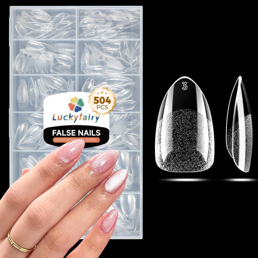 Luckyfairy Short Almond Nail Tips: 504pcs Pre-Etched Soft Gel Nail Tips, Tri-Layer Core Short Fake Nails, 12 Sizes Half Matte Full Cover Clear Press on Nails Extension DIY for Flat & Natural Nail Beds