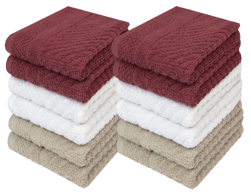 PH Pleasant Home Diagonal Wash Cloths Set - 12 Pack (12” x 12”) – 509 GSM - 100% Ring Spun Cotton Wash Cloth - Super Soft and Highly Absorbent Face Towels (Maroon, White & Tan)