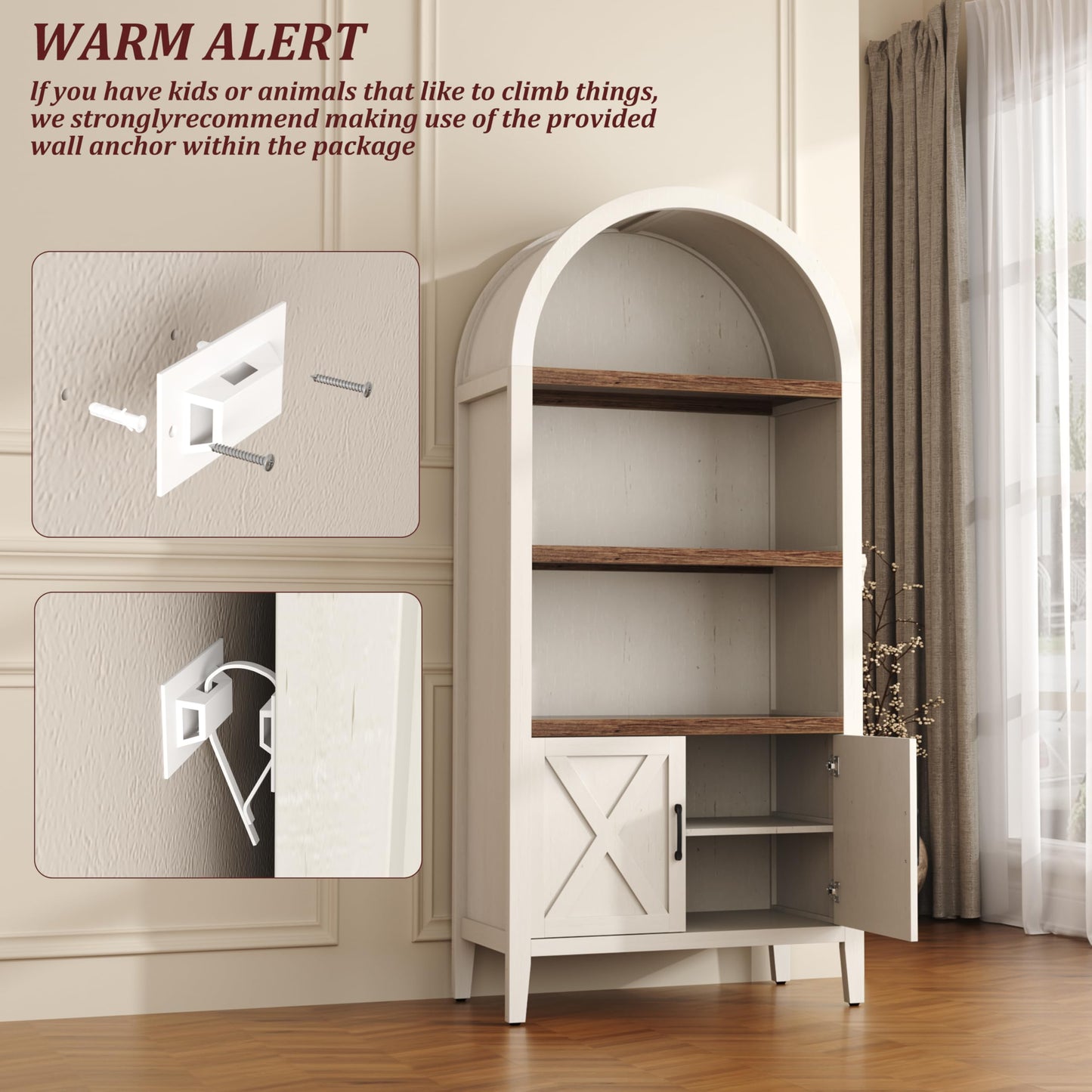 Yusong 71" Tall Arched Bookcase, 5-Tier Arched Bookshelf, Arch Cabinet Display Cabinet with Doors and Adjustable Shelf, Modern Farmhouse Kitchen Pantry for Living Room Bedroom, White