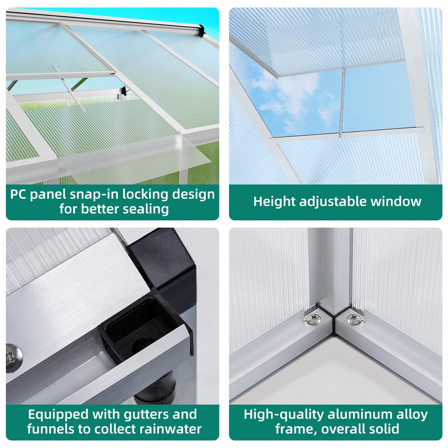 GAOMON 6 x 10 ft Greenhouse for Outdoor with Sliding Door, Green House with Polycarbonate Panel & Ajustable Roof Vent & Ground Nails, Walk-in Aluminum Greenhouses for Garden, Patio