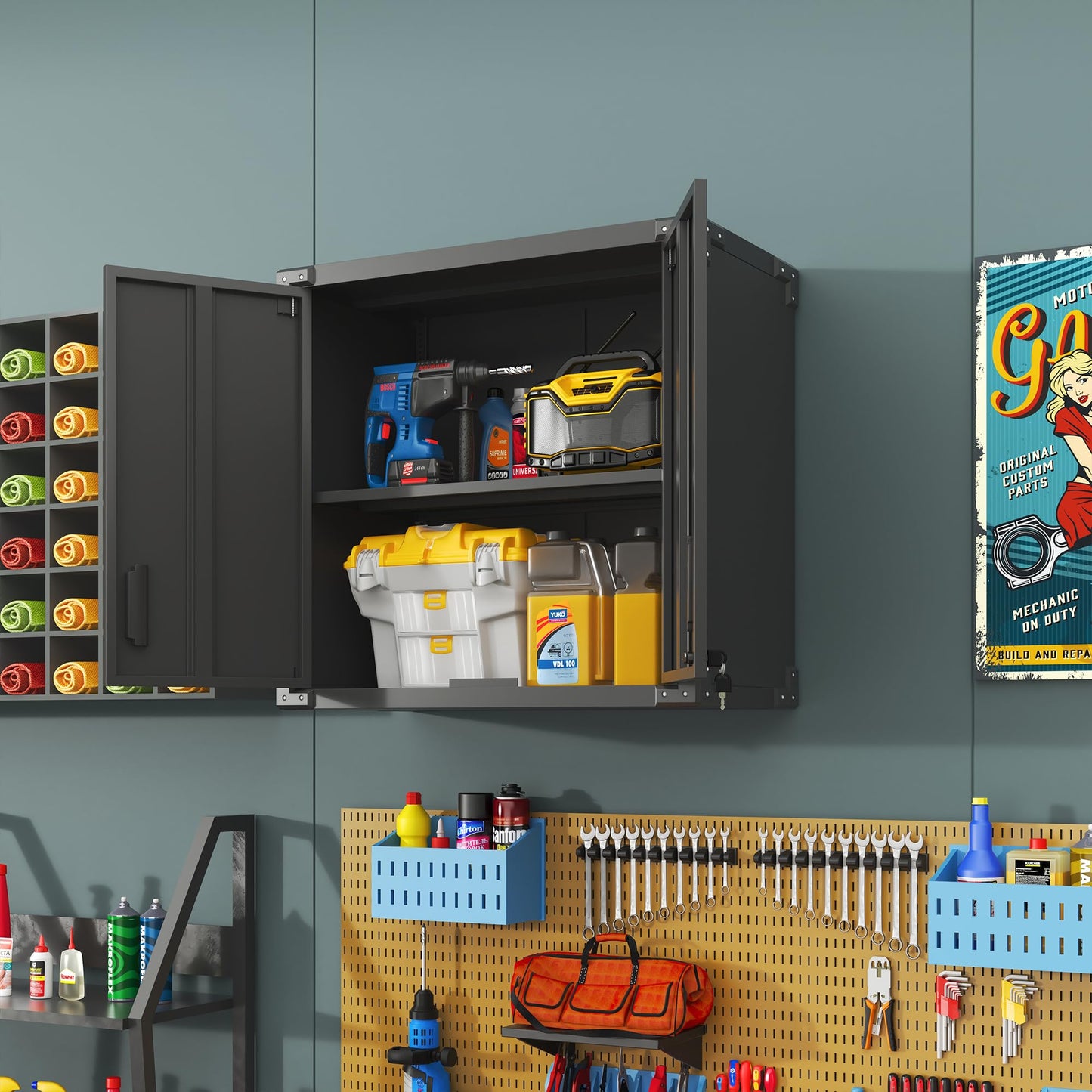Metal Wall-Mounted Tool Storage Cabinet with 2 Locking Door 1 Adjustable Shelf 1 Opened Drawer for Garage Warehouse,Office,Assembly Required