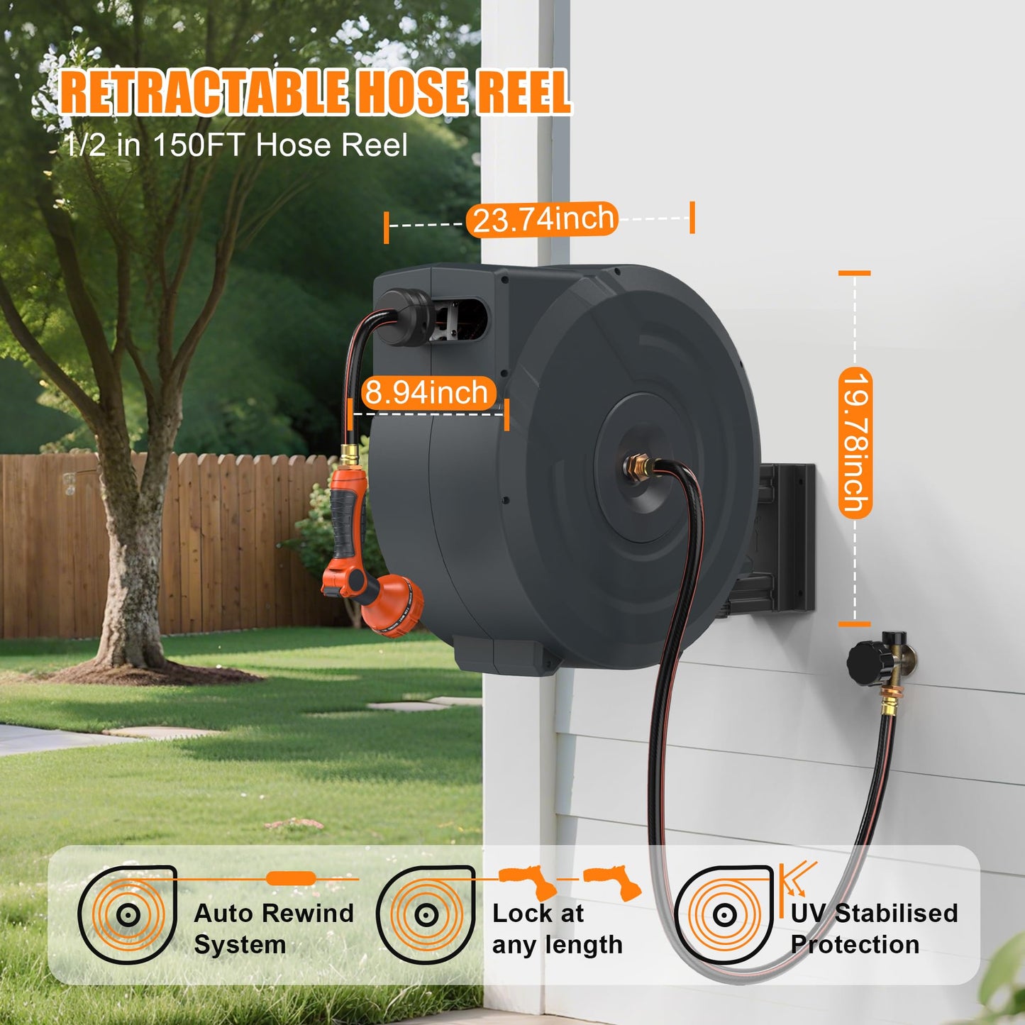 NEOTEC Retractable Garden Hose Reel 1/2 inch x 150ft - Wall Mounted Heavy Duty Hose Reel with 3/4 Inch Brass Fittings & 9-Pattern Nozzle - Auto Rewind System, Any Length Lock, 180° Swivel Bracket