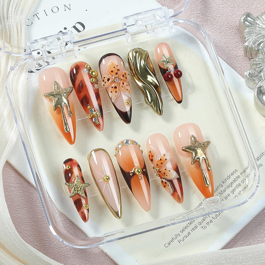 Long Almond Press on Nails, 10pcs Handmade Design Fake Nails with Gold Chrome Mirror, Tortoise Shell & Cherry 3D Flower Style, Reusable Glue on Nails for Women – Appife