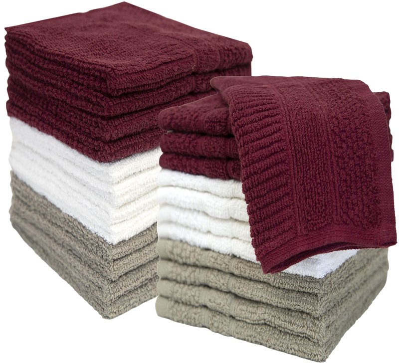 PH Pleasant Home Ribbed Wash Cloths Set - 12 Pack (12” x 12”) – 509 GSM - 100% Ring Spun Cotton Wash Cloth - Super Soft and Highly Absorbent Face Towels (Maroon, White & Tan)