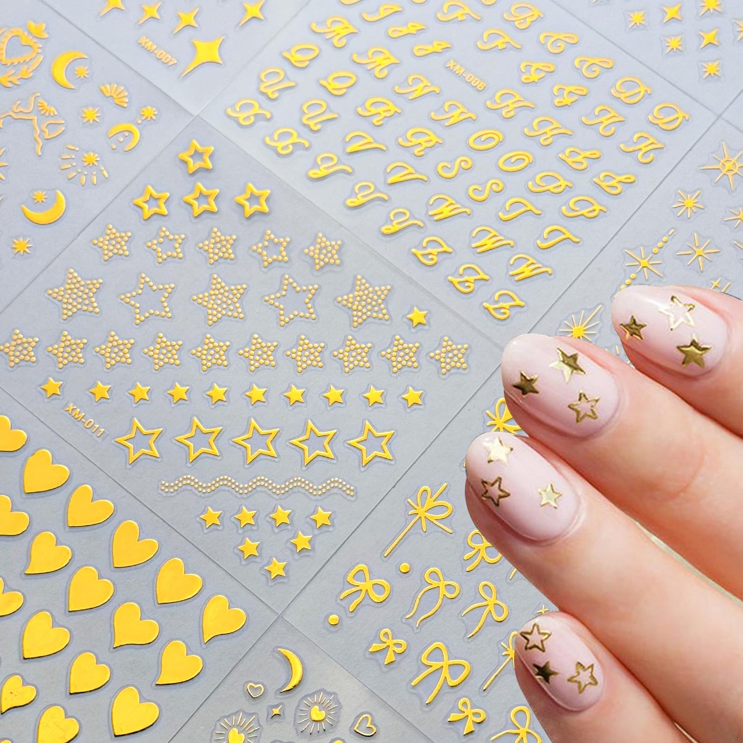 30 Sheets Gold Nail Sticker 3D Self-Adhesive Nail Decals Star Moon Heart Cute Knot Bow Design Nail Art Stickers for Women DIY Nail Art Decoration Accessories