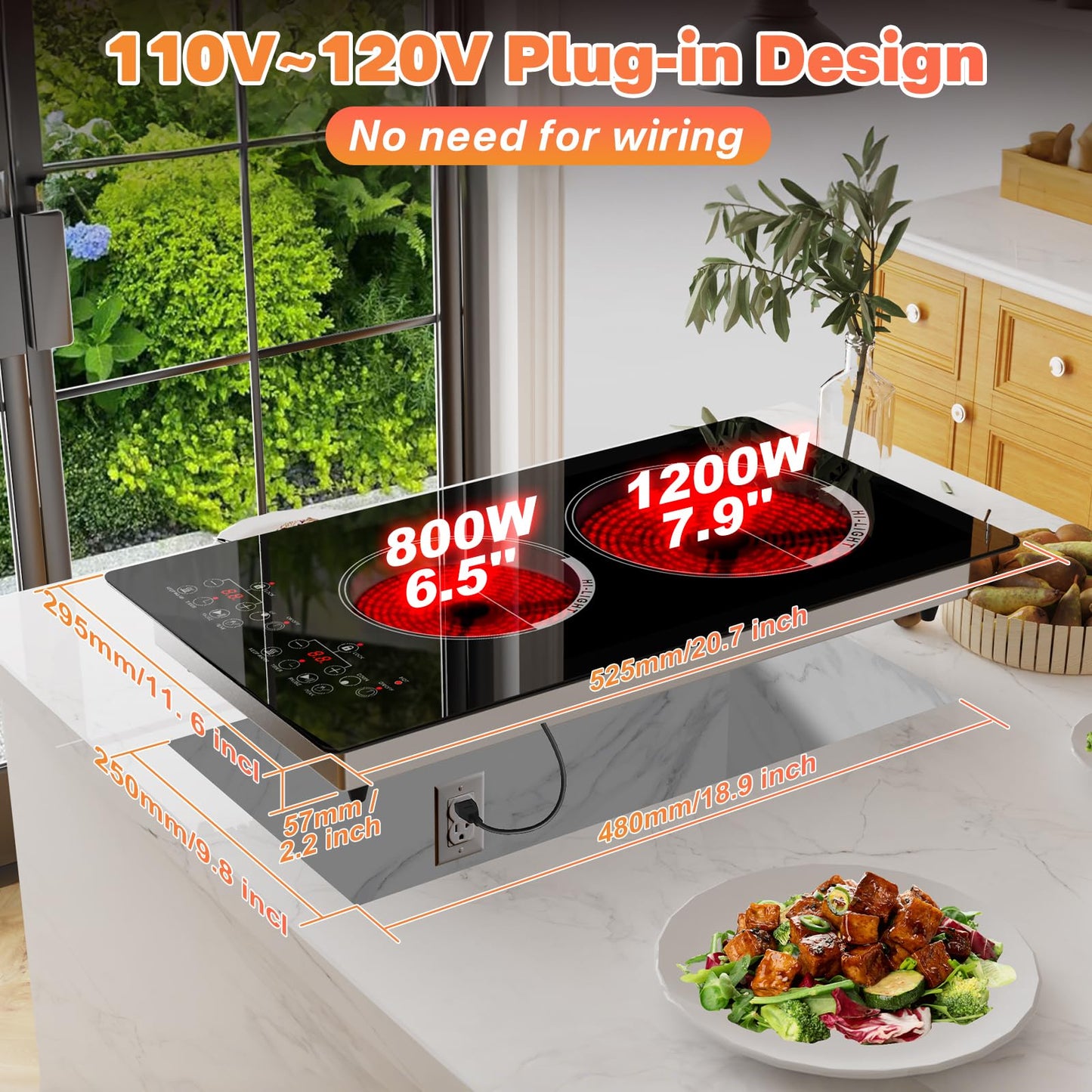 Alemania 12 inch Electric Cooktop 2 Burner Infrared Stove, 2000W Plug in Hotplate Double Heating Elements Stove for Cooking, 120V Ceramic Hot Plate, Built-in and Countertop Compatible