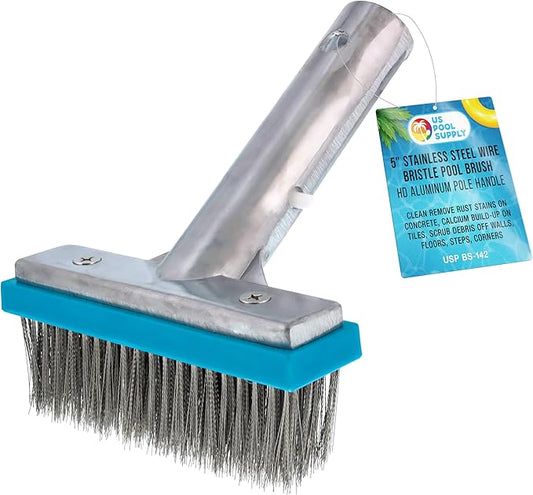U.S. Pool Supply Pool Brush Head for Inground Pools - 5" Stainless Steel Pool Brush, Metal Wire Bristles, Scrubbing Scrubber Brushes - Remove Calcium Build-Up on Tiles, Rust Stains on Concrete Walls