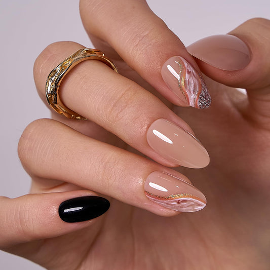 Curvlife Medium Press On Nails Almond Kit - Full Cover False Almond Press on Nail Tips with Stripes Designs, Reusable & Glue Included - Easy Application Nail Accessories for Women