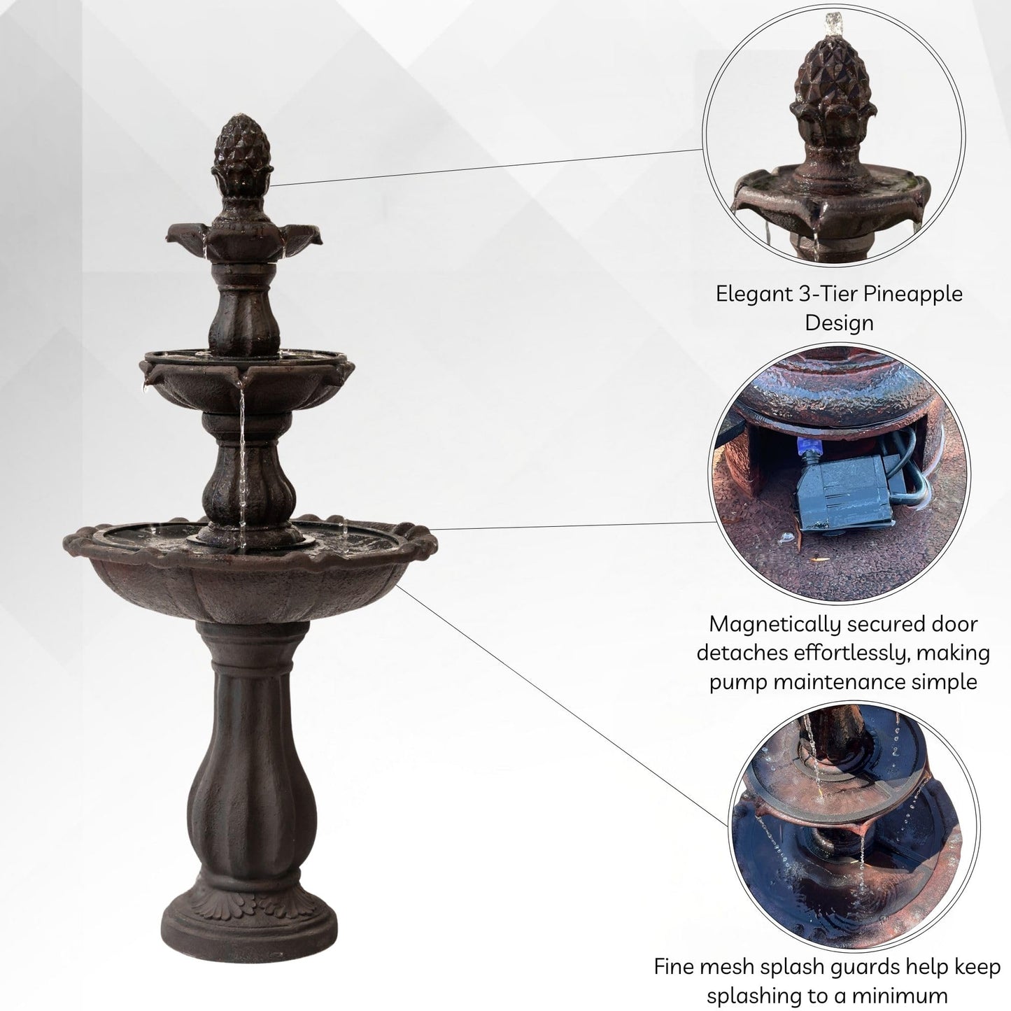 XBrand 51" 3-Tier Outdoor Waterfall Fountain, Resin Freestanding Water Feature with Auto Shut-Off Pump, Brown