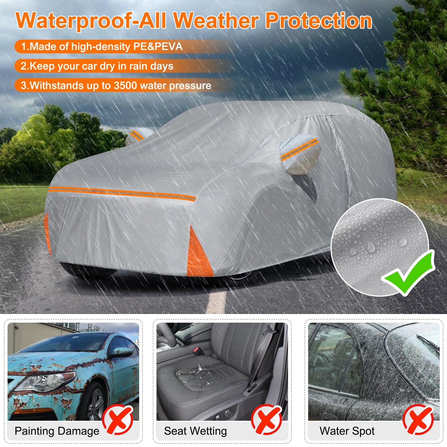 Car Cover for 2007-2026 Chevy Suburban/Cadillac Escalade ESV/GMC Yukon XL, Waterproof Custom-fit All Weather Sun Rain UV Dust Snow Protection Outdoor Car Cover with Door Zipper and Cotton Lining-Grey