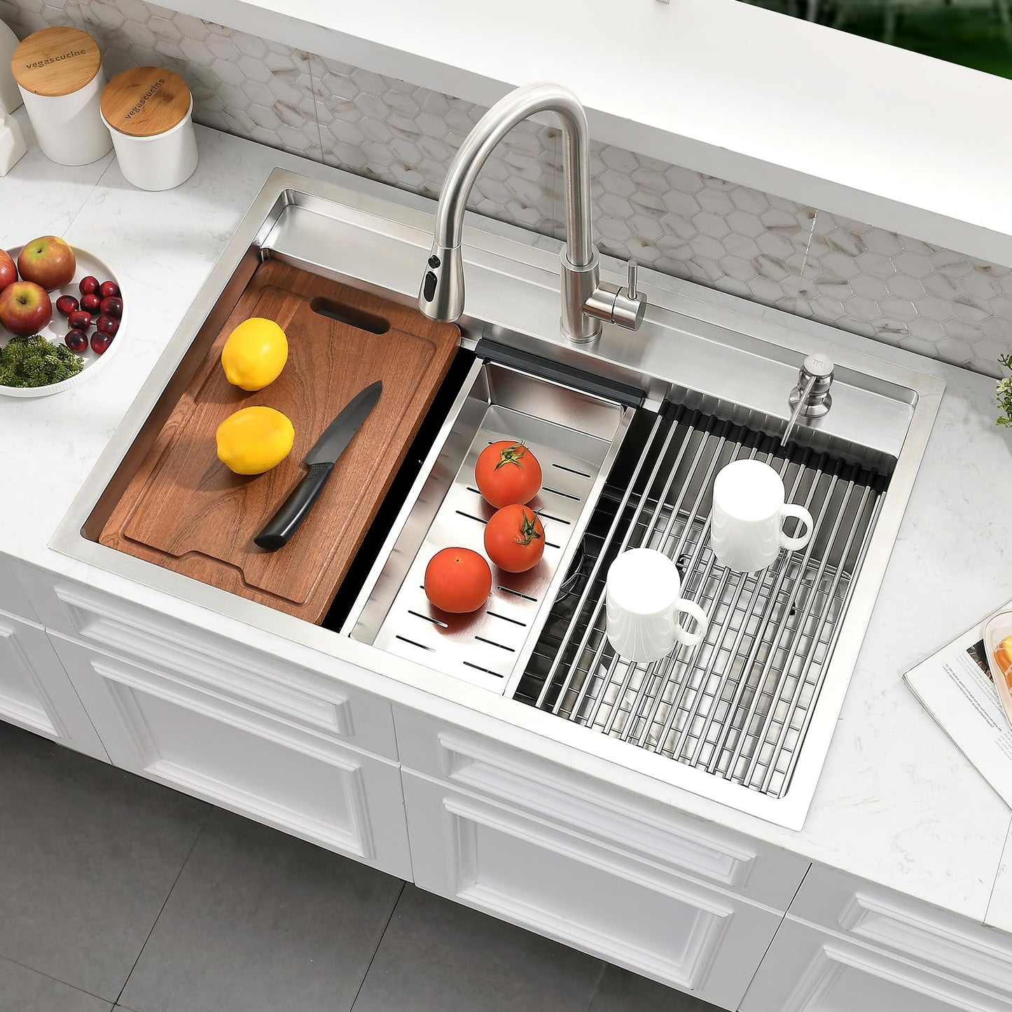 WMXQX 33 Inch Drop In Kitchen Sink Splash Guard Workstation, 33x19 Kitchen Sink Drop In Stainless Steel Top Mount Sinks 16 Gauge Rounded Corner Single Bowl 10" Deep Basin with Cutting Board