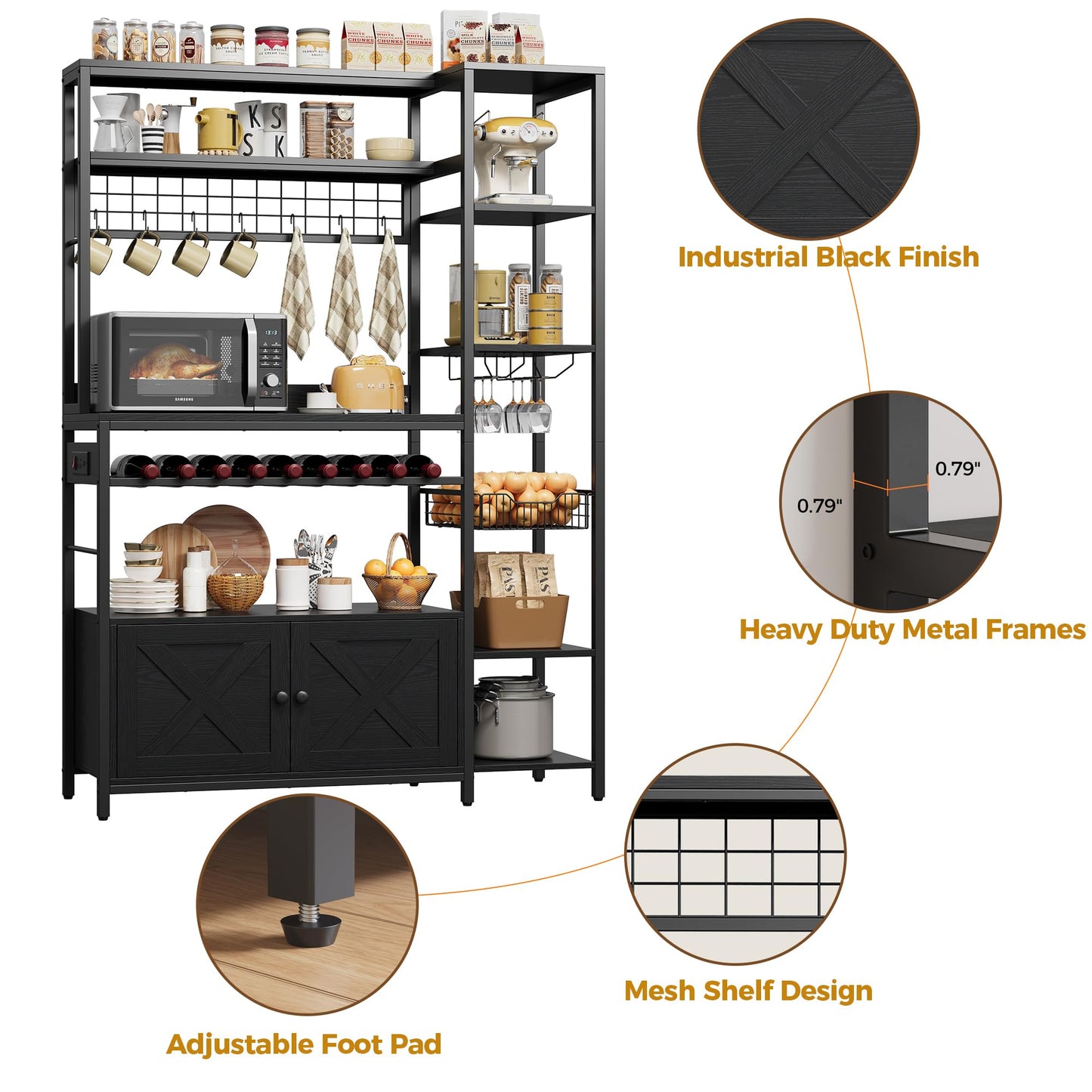 IRONCK Bakers Rack with Power Outlet, Kitchen Microwave Stand with Storage Cabinet, 47.24 Inch Coffee Bar Cabinet, Kitchen Racks with Shelves, LED Light, Globlet Holder and Wine Basket, Black
