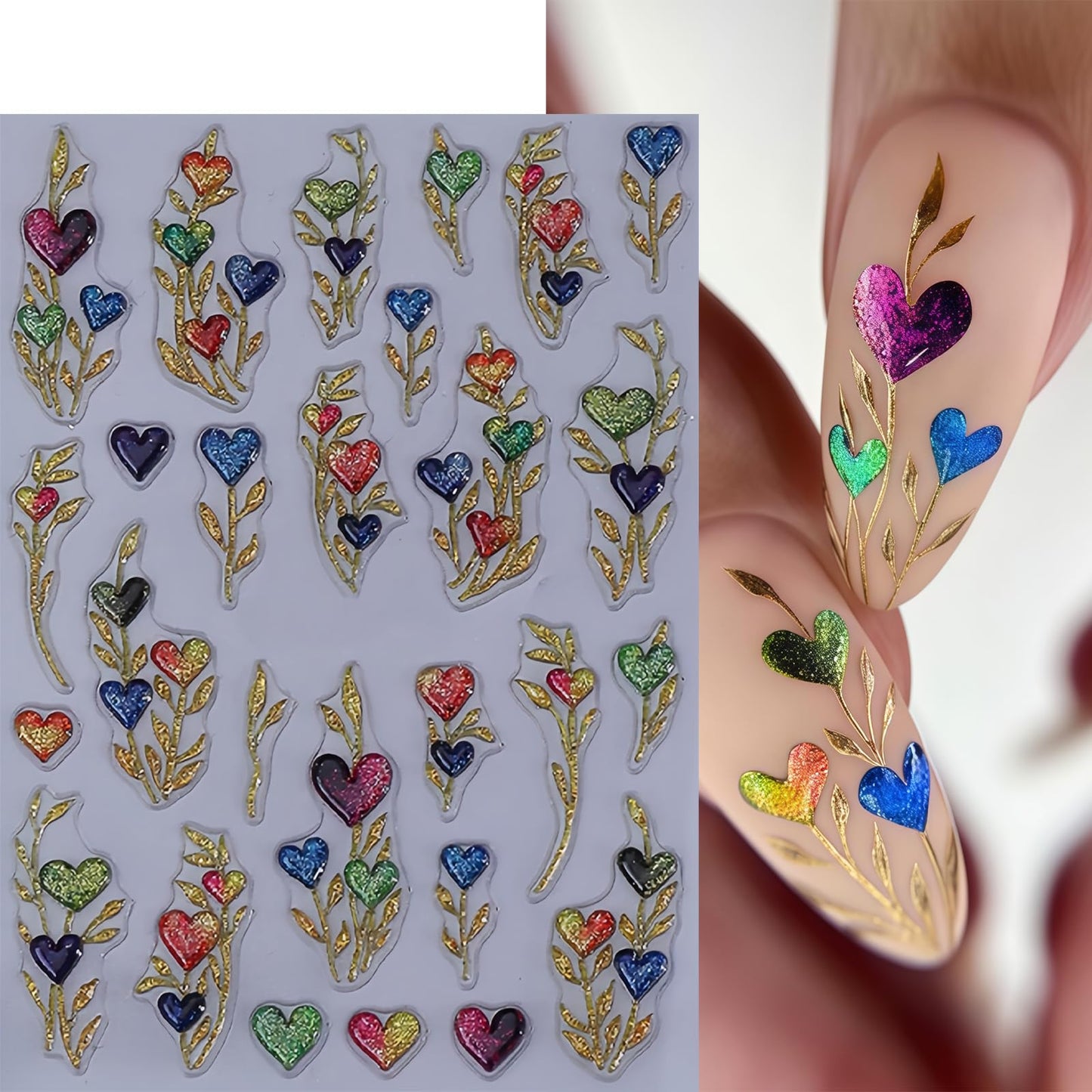 3 Sheets Valentines Day Nail Art Stickers 5D Embossed Heart Flower Nail Stickers Blue Floral French Nail Decals Love Flowers Nails Designs Valentines Nails Sticker for Women DIY Manicure Nail Supplies