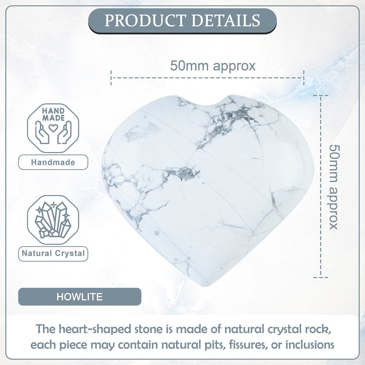 Crocon 50mm Howlite Heart stone Big Heart Shape Puff Stones Set 450+ Carats Pocket Crystal Healing Tumble Collection Palm Worry Stone Good Luck Charm Meditation Gift Craft Home Decor