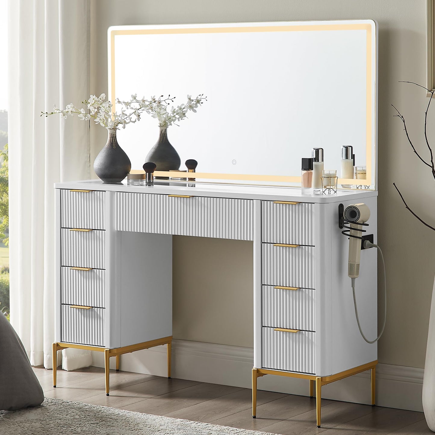 T4TREAM 48" Fluted Makeup Vanity Desk with 48" Large Mirror and HD LED Lights, Modern Vanity Table with 9 Drawers & Charging Station, Glass Top and Golden Handles Dressing Table for Bedroom, White