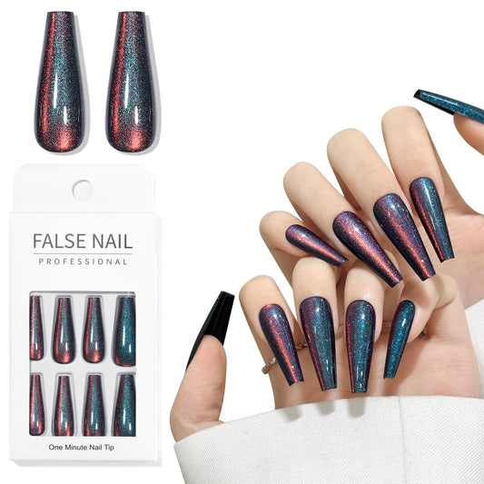 Navy Blue Cat Eyes Press On Nails,12 Sizes - 24 Pcs Soft Gel Blue Long Coffin Fake Nails Kit with Nail Glue, Natural Reusable Stick On False Nails for Women and Girls SK1039