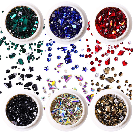 JERCLITY 6 Boxes Green Black Blue Gold Crystal AB Red Nail Rhinestones for Nails Flat Back Mix Color Multi Shaped Sized Nail Crystals Gems Stones Rhinestones for Nail DIY Crafts Clothes Shoes Jewelry
