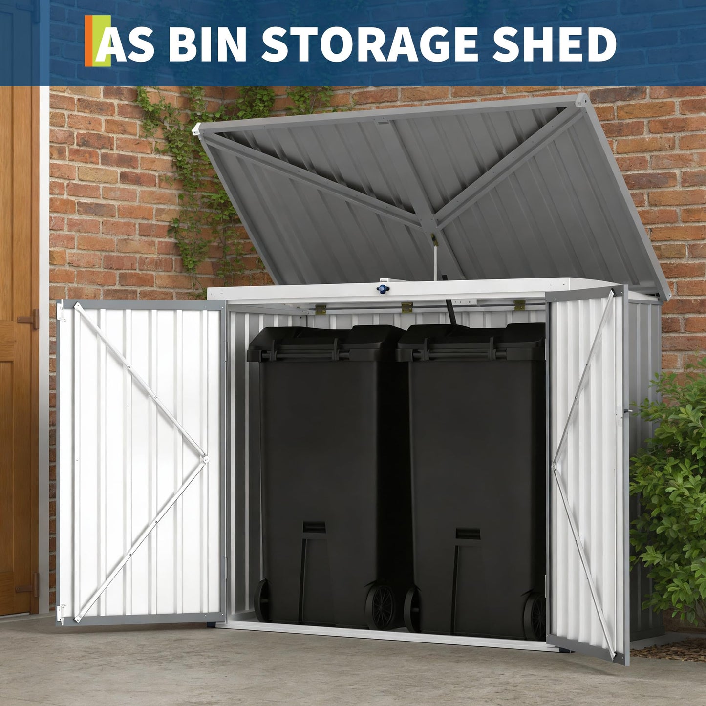 GarveeLife Outdoor Storage Shed, 80 Cu.Ft Outdoor Trash Can Storage Box with Lockable Door&Sloped Roof,Cabinet with Multi-Use Rust Prevention Galvanized Steel Enclosure for Yard, Garden, Patio