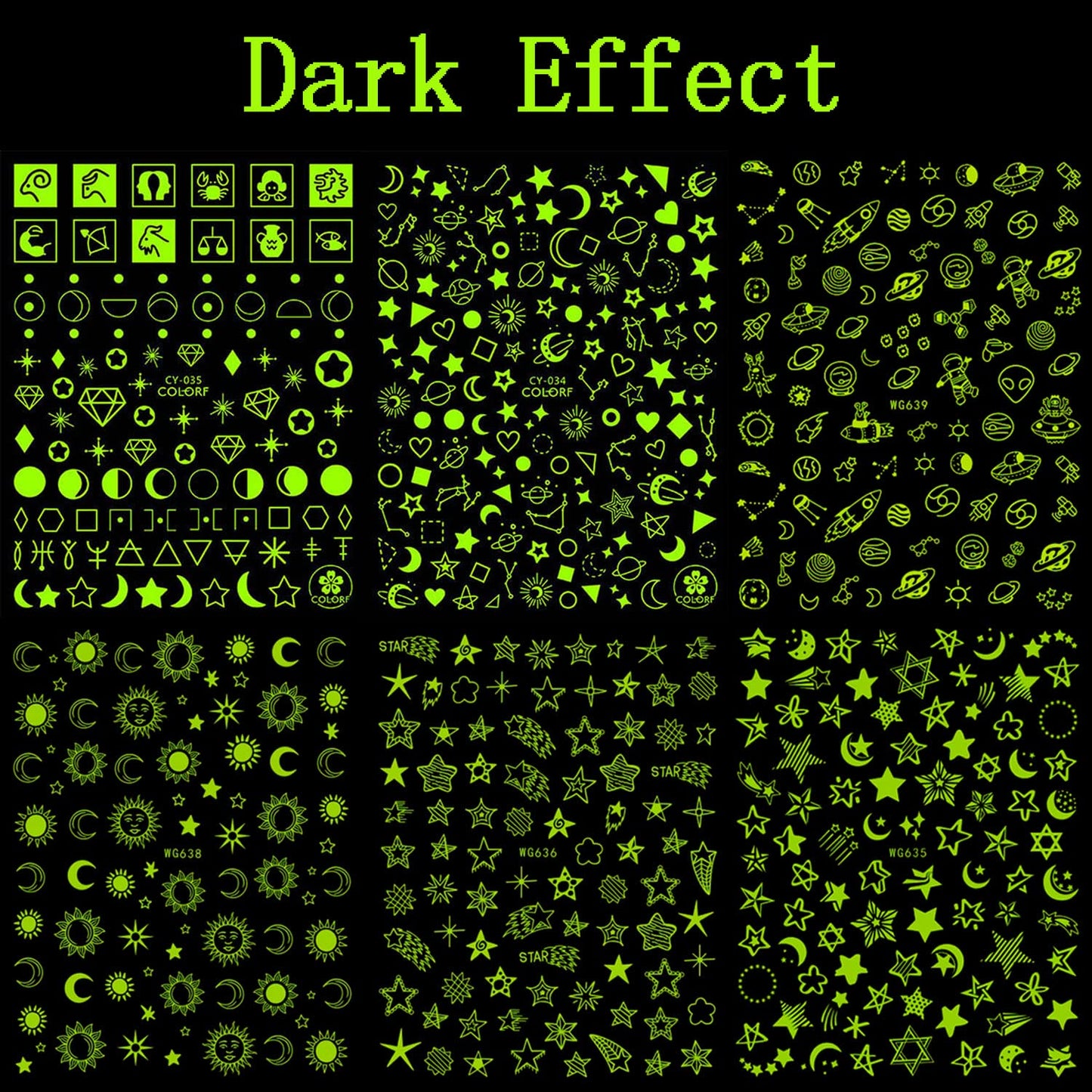 Luminous Nail Art Stickers, Fluorescent Nail Self-Adhesive Decals, Glow in The Dark Nail Art Design, Sun Moon Stars Love Heart Nail Sticker Decoration for Women Girls Manicure 3D Nail Decal(6 Sheets)