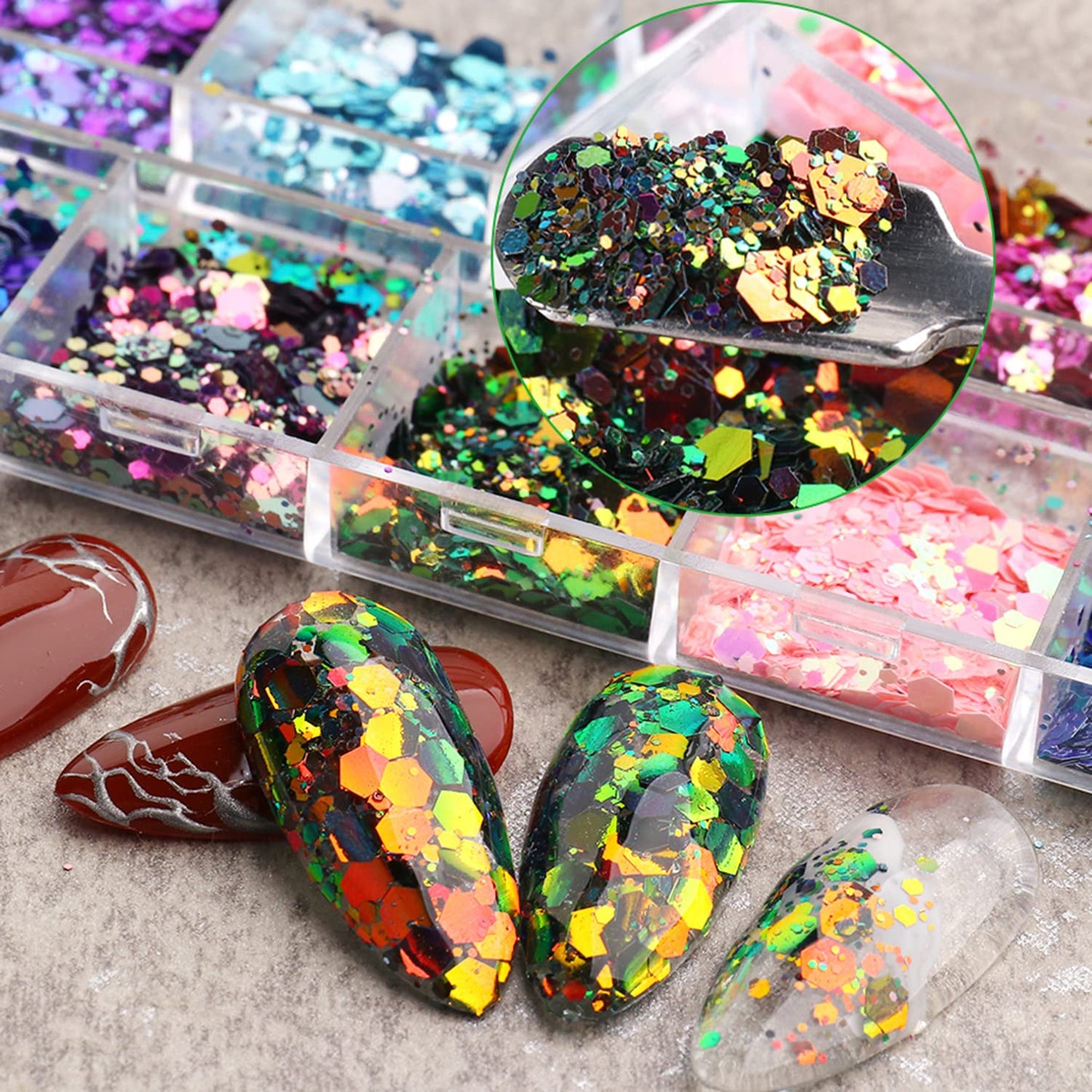 Chameleon Nail Art Glitter Sequins, 3D Sparkly Nail Flakes Decorations, Holographic Laser Gradient Nail Art Design, Shiny Glitters Powder Accessories Supplies for Women Girls, DIY Resin Nail Art Tips