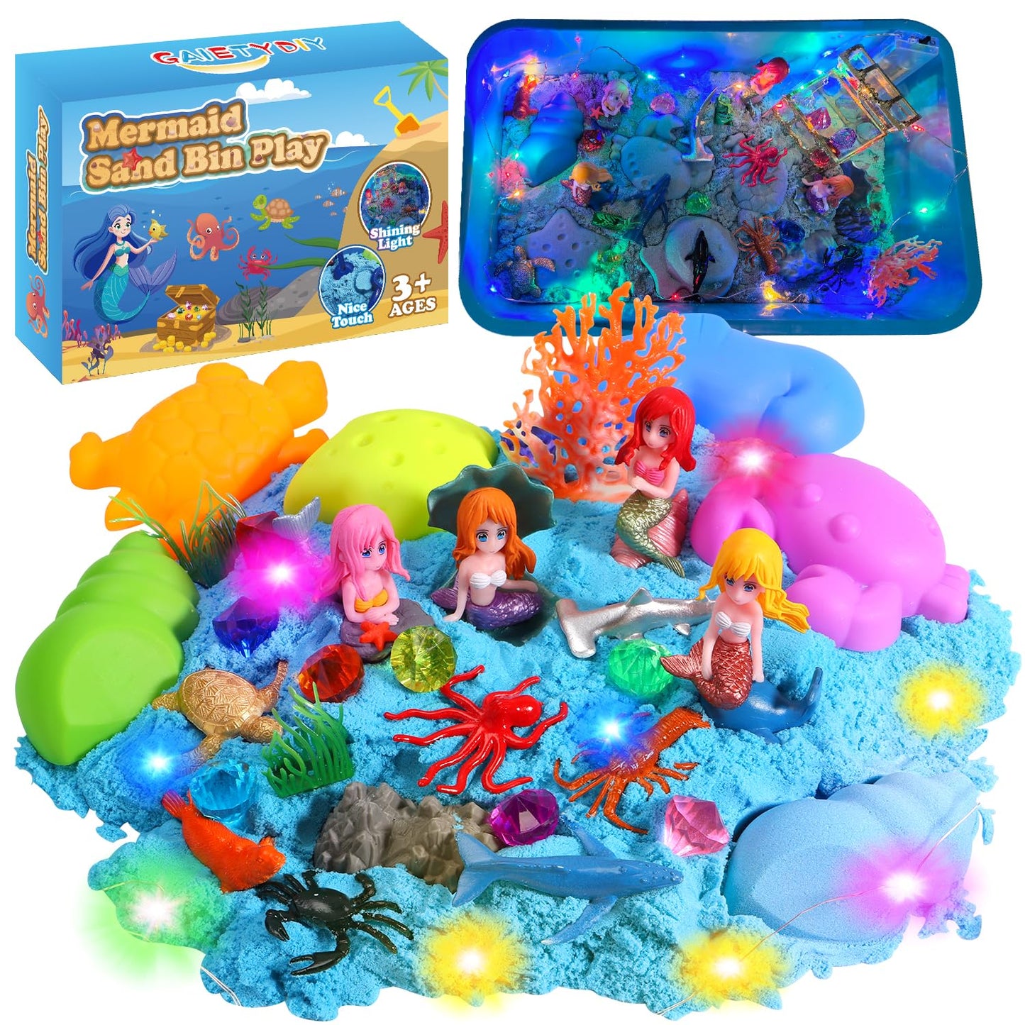 GAIETYDIY Mermaid Sensory Bin for Girl, Magic Sand Art Kit with LED Light, 2.2lbs Sensory Sand, Ocean Sea Animals, Sand Box with lid, Mermaid Toy Christmas Birthday Gift for Girls Ages 3 4 5 6 7 8…