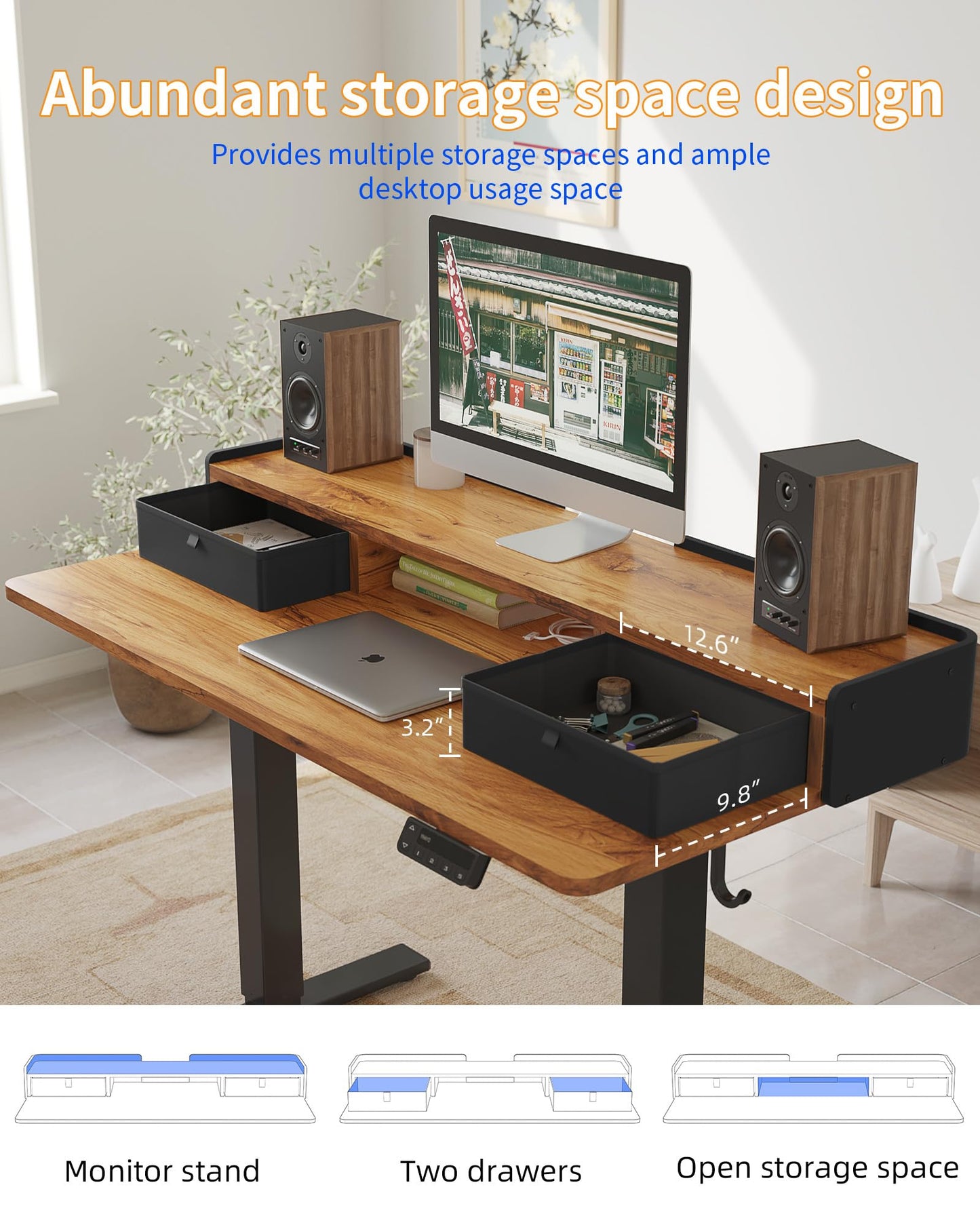 YIHAYO Electric Standing Desk with Drawers, 48 x 24 Inches Adjustable Desk with Storage Shelf, Stand Up Desk with Splice Board, Computer Table for Home Office, Black Frame/Rustic Brown Top