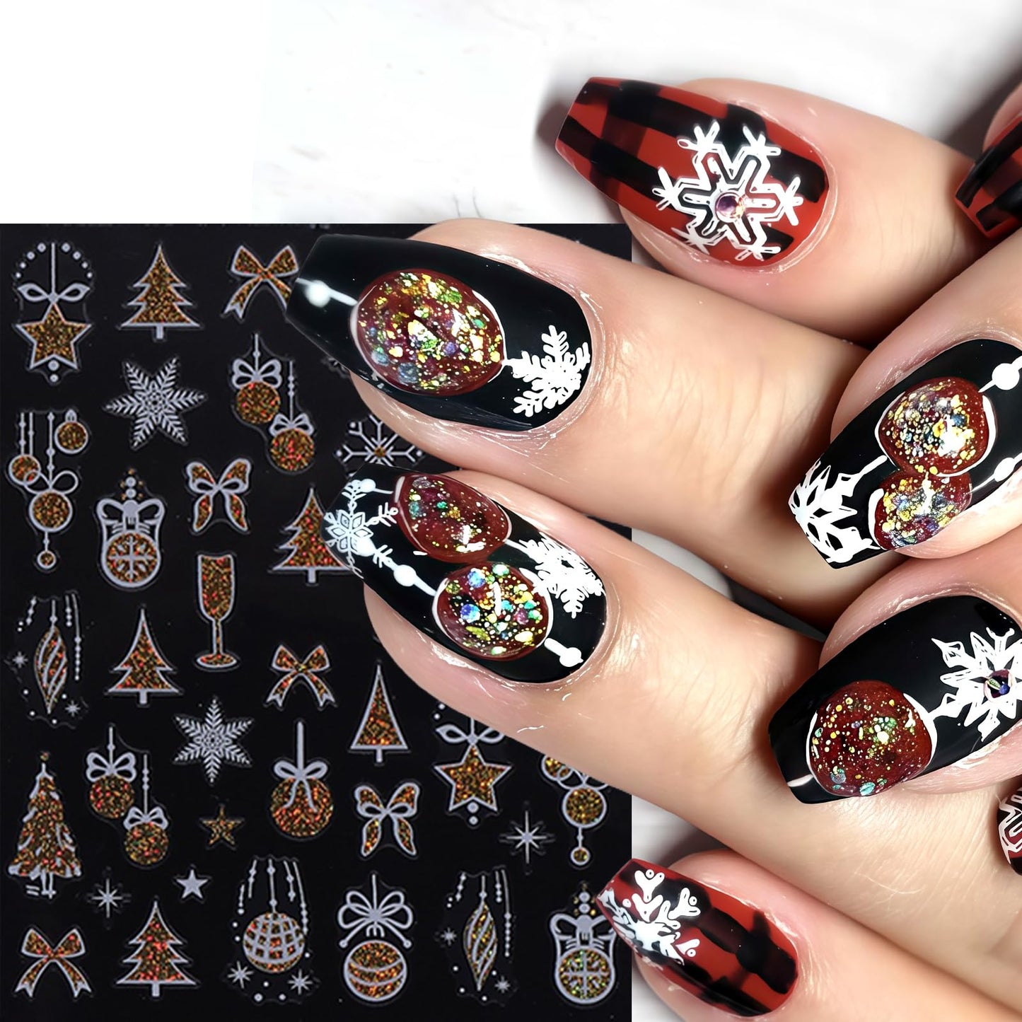 9 Sheets Glitter Christmas Nail Art Stickers Snowflake Christmas Tree Nail Decals 3D Self-Adhesive Bow Snowball Santa Claus Nail Design DIY Christmas Nail Supplies Star Elk Nail Decoration for Women