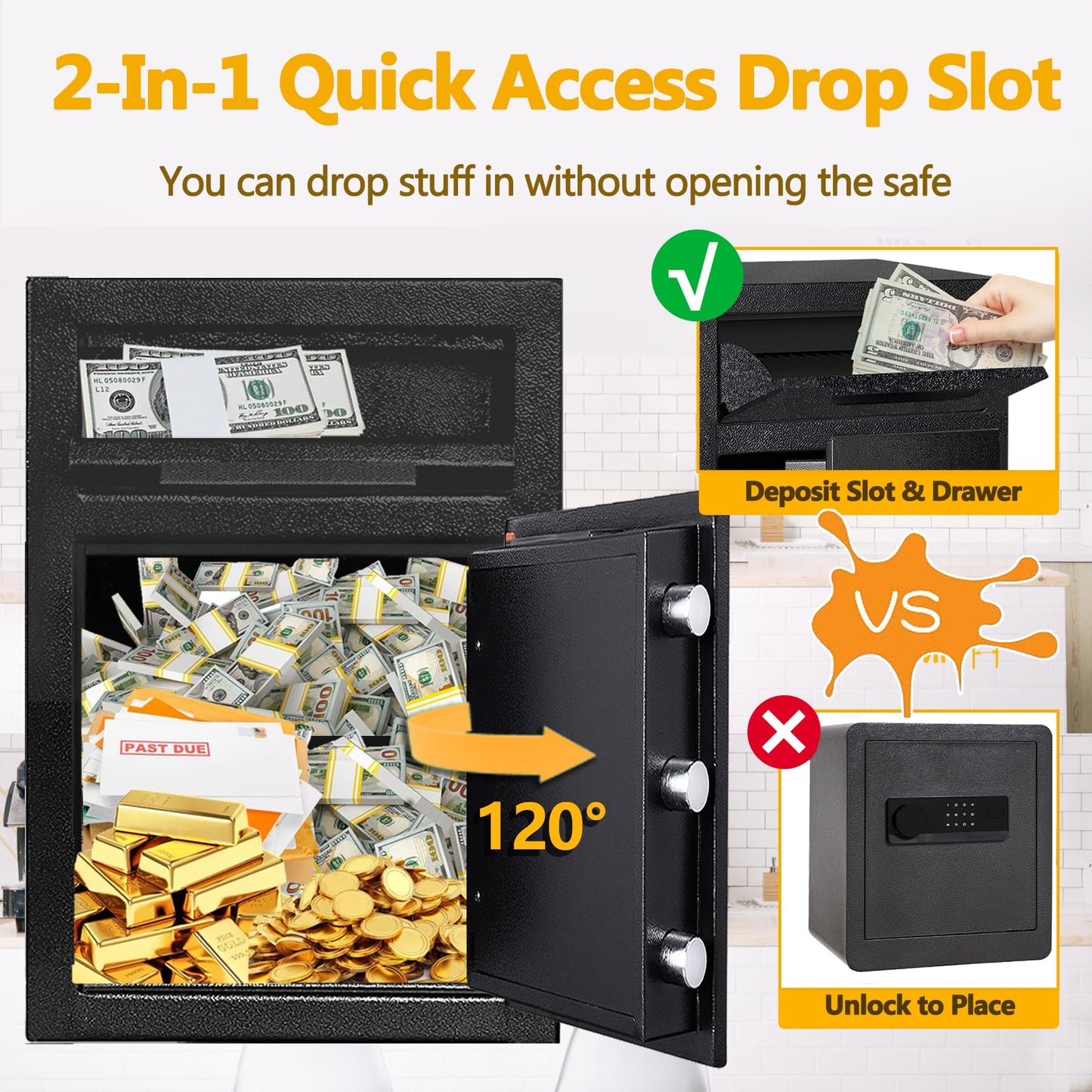 2.8 CUB Depository Drop Safe Fireproof, Front Drop Slot Lock Box with Digital Combination and Anti-Fishing, Silent Deposit Safe Box, Security Money Safe for Cash Slips Expense Business Office Home