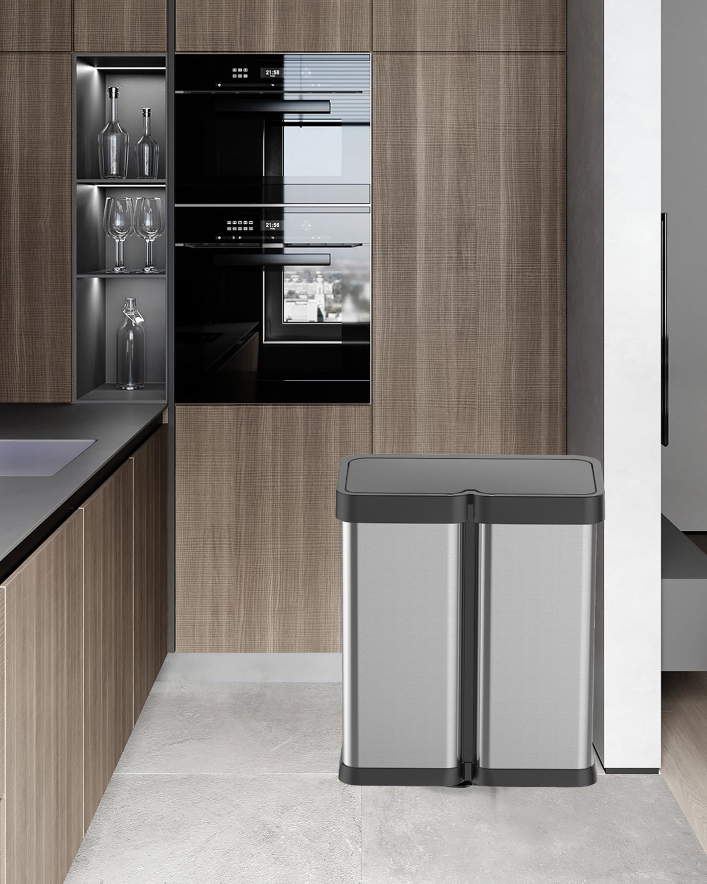 GAOMON 30L+30L Dual Compartment Motion Sensor Trash Can, 16Gal Automatic Kitchen Recycling Bin with Soft-Close Lid & Fingerproof Stainless Steel (Silver)