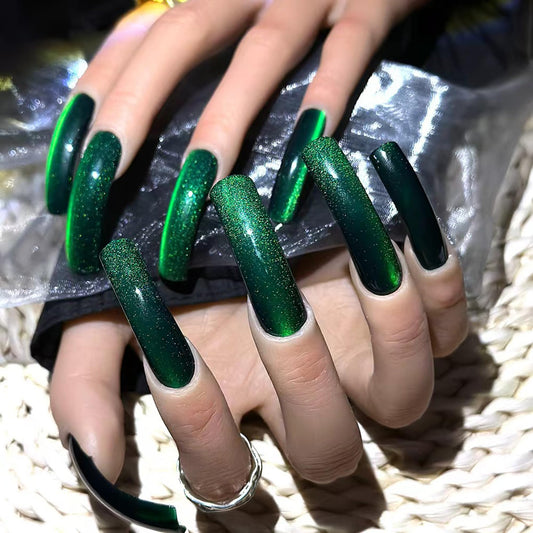 Green Long Press On Nails XL Handmade Curved Fake Nails with Cat-Eye Designs Long Nails Press ons Sparkly False Nails for Women Manicure 10Pcs(Size M)