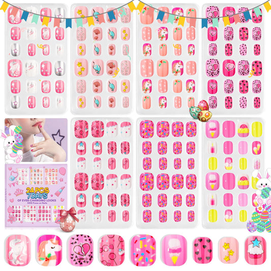 SAVILAND Press on Nails for Kids 168PCS: Kid Press on Nail for Girls Colorful Patterns Kids Fake Nails Tips Strong Adhesion Short Square False Acrylic Nail Art Christmas Easter Gifts 8-12 Years Child