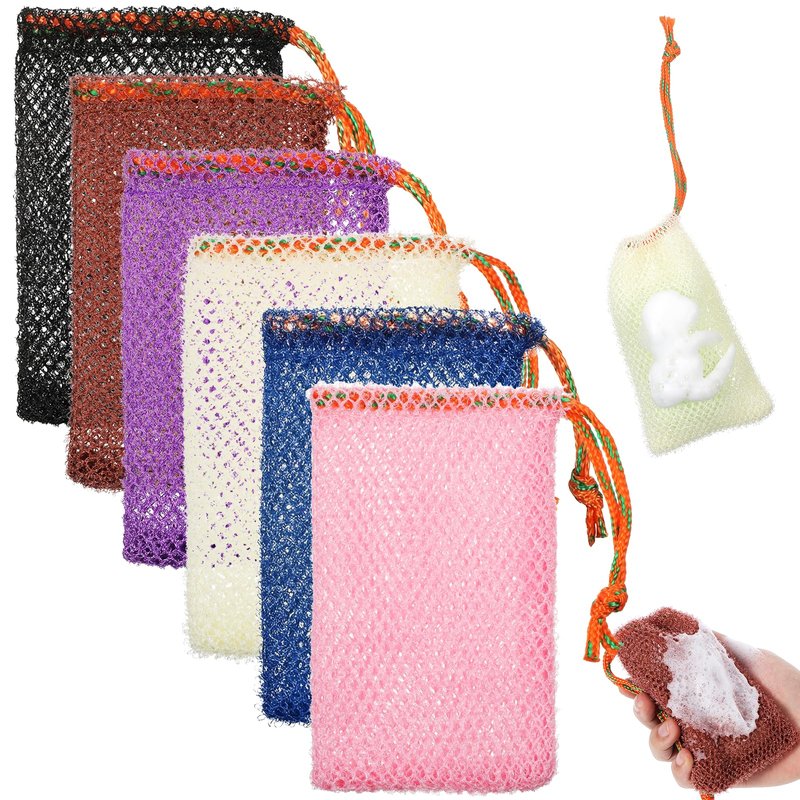 XLIUAX 6 Pack Exfoliating Mesh Soap Bag, Soap Bar Pouch Foaming Bubble Net Bags with Drawstring for Shower Body Facial Cleaning Tool, 5.5x3.5Inch