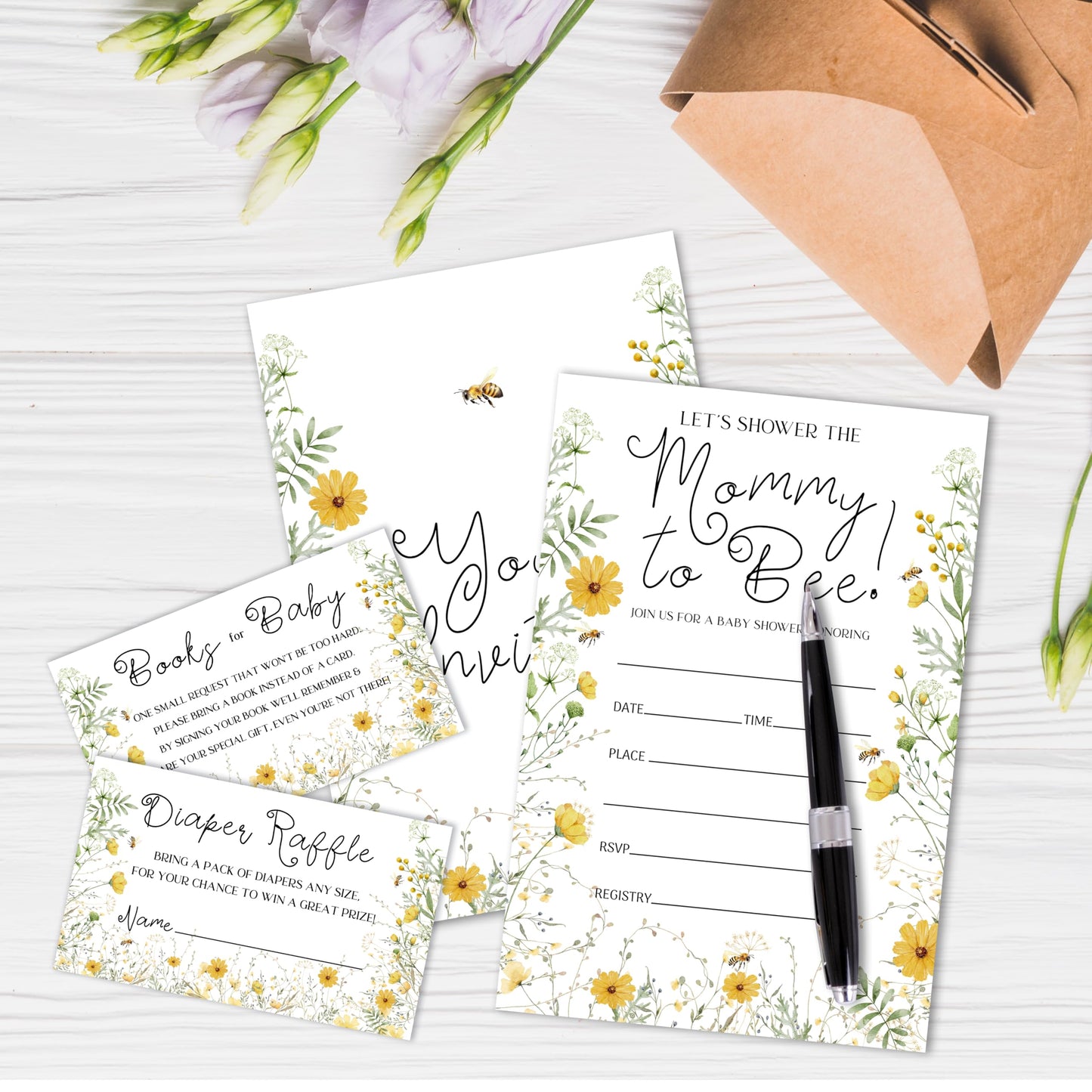 Mommy To Bee Baby Shower Invitation With Envelopes, Diaper Raffle Tickets, Books Request Cards, Honey Bee Baby Shower Decorations Supplies Favors Set, Gender Reveal Party Invites, 25 Cards Each -06