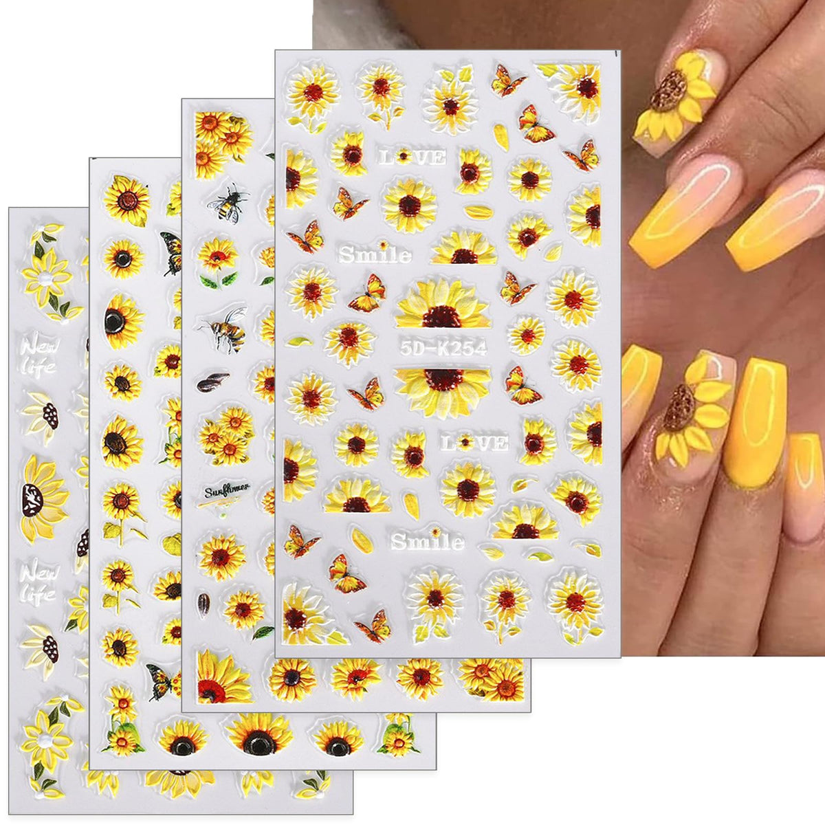 5D Embossed Sunflower Nail Art Stickers Self-Adhesive Flower Nail Decals Engraved Floral Summer Nail Sticker Acrylic Nail Art for Women Girls Manicure Decoration 4 Sheets