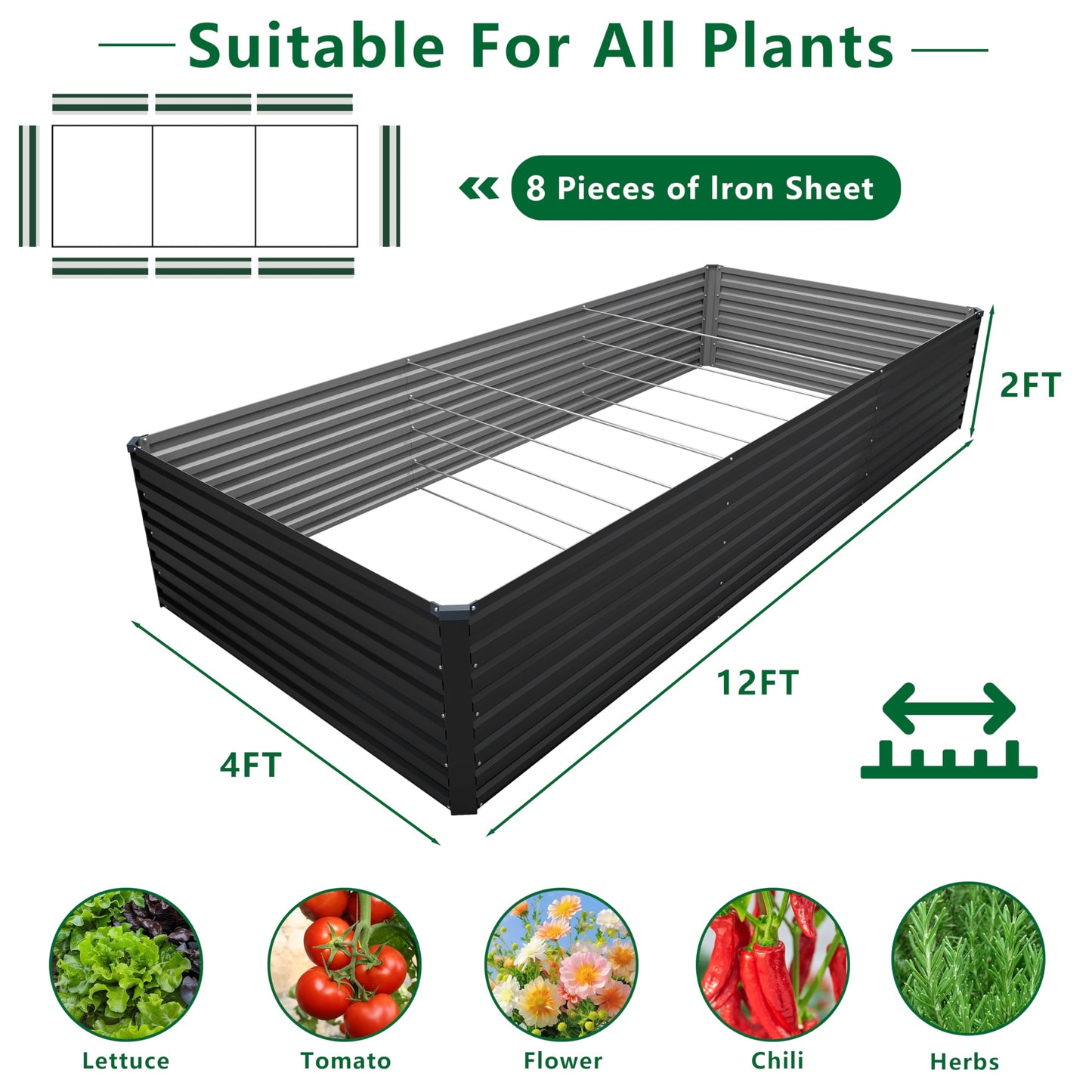 DIIYIV 12x4x2FT Galvanized Raised Garden Bed Kit,Vegetable Plant Boxes-Rectangle Metal Flower Box,Large Planter Raised Beds Outdoor Garden for Planting,Fruit,Herb-Black